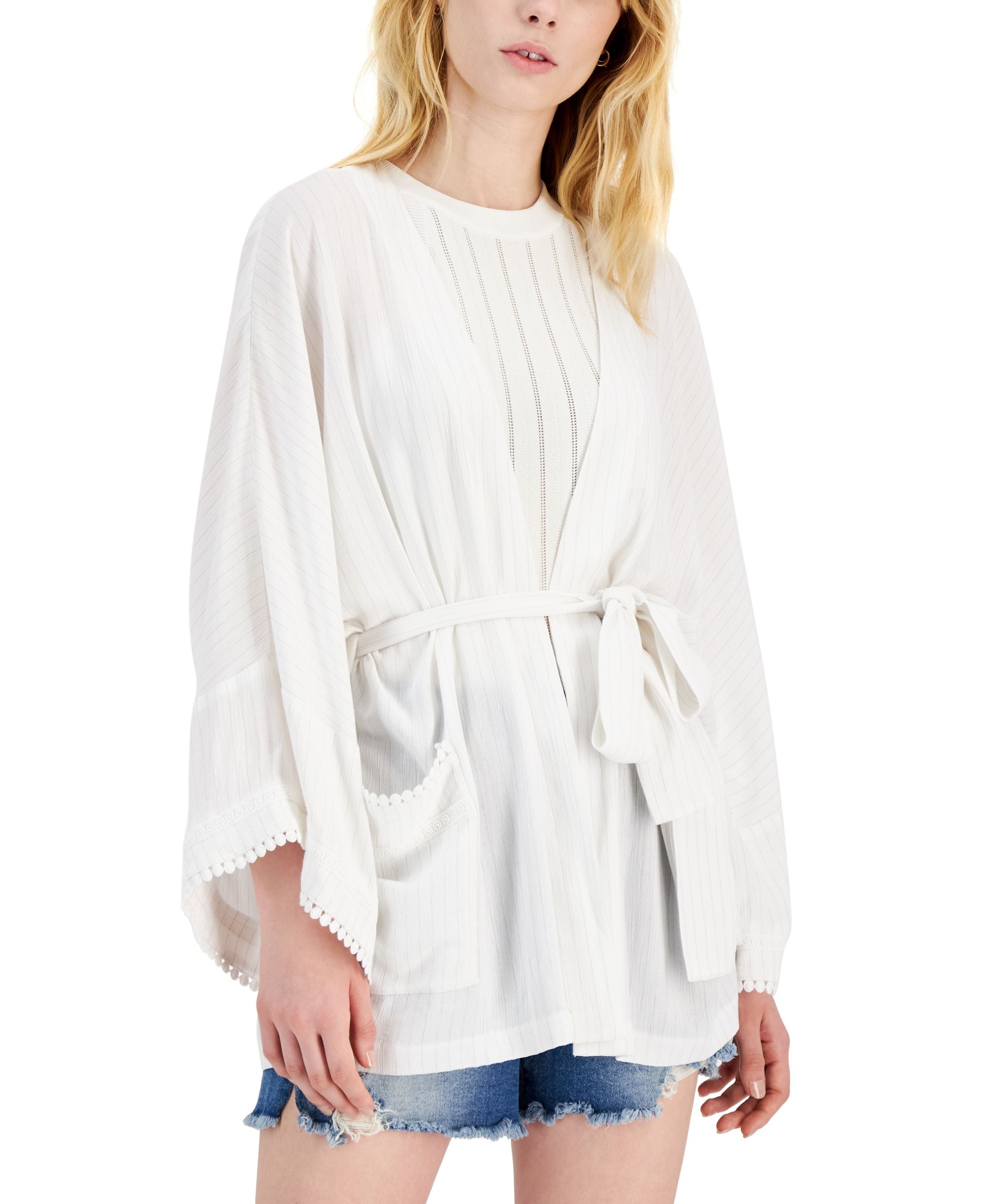 INC International Concepts Womens Metallic Crinkle Gauze Tie Waist Top