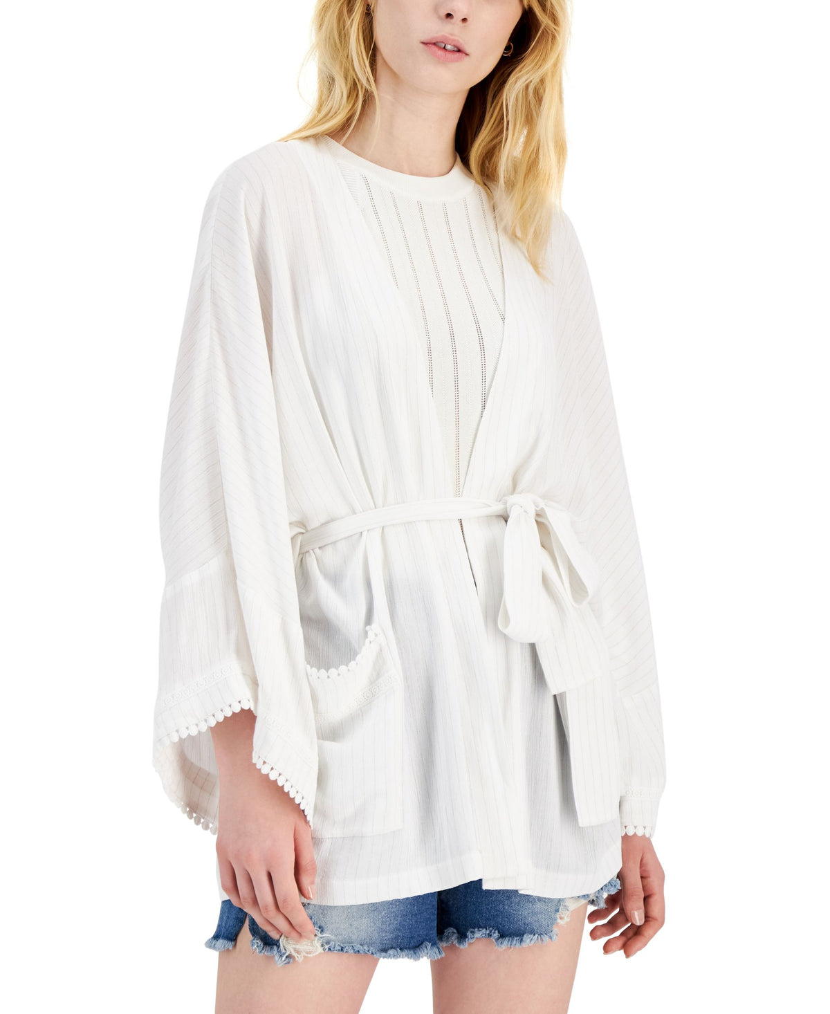 INC International Concepts Womens Metallic Crinkle Gauze Tie Waist Top