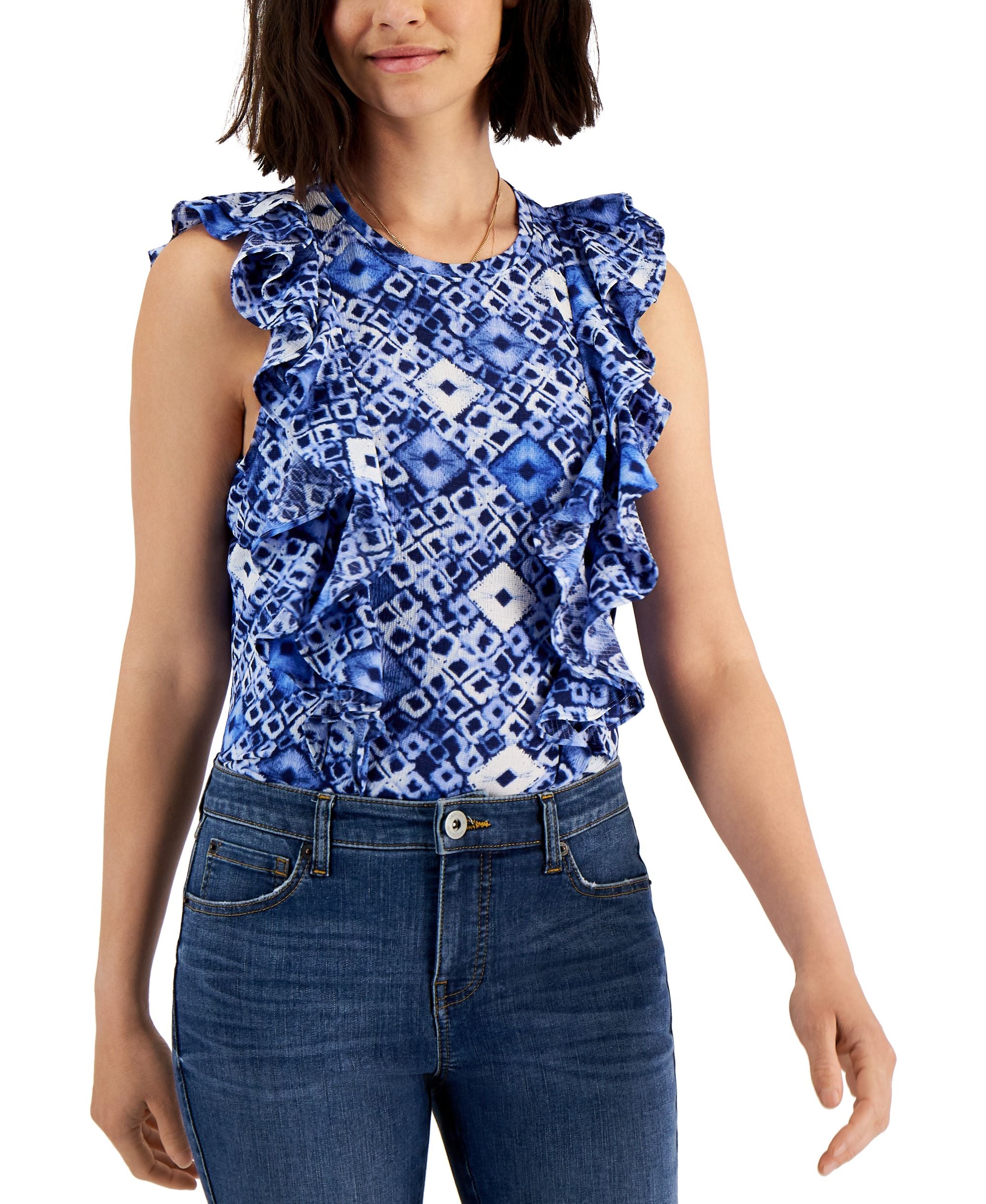 INC International Concepts Womens Printed Ruffled Top