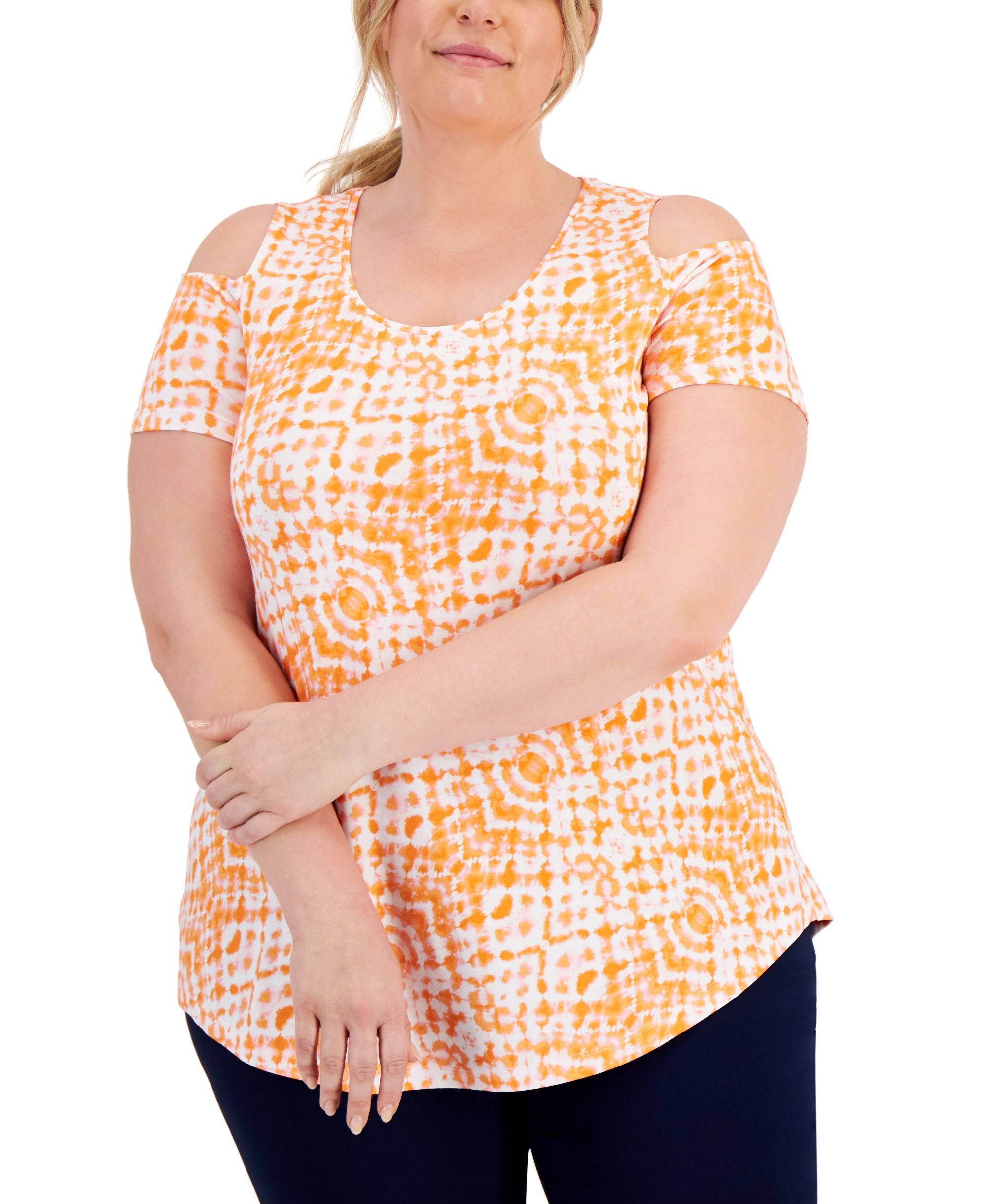 JM Collection Plus Size Printed Cold-Shoulder Top