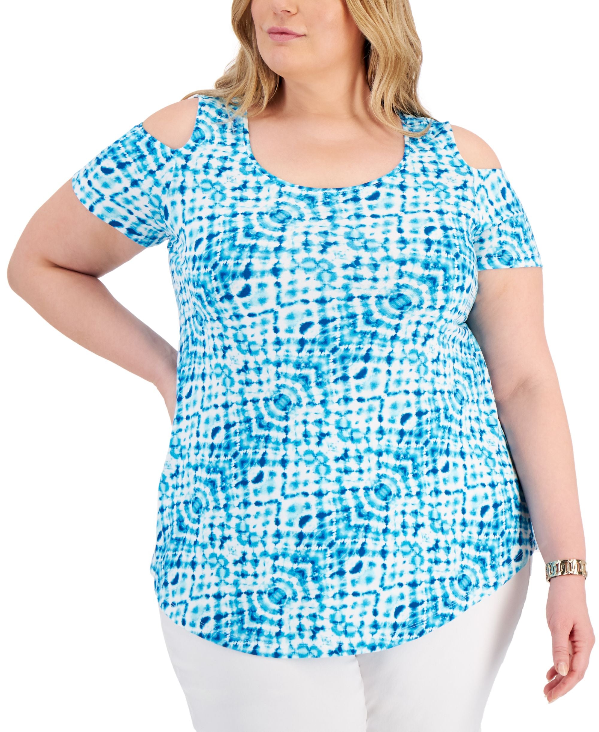 JM Collection Plus Size Printed Cold-Shoulder Top