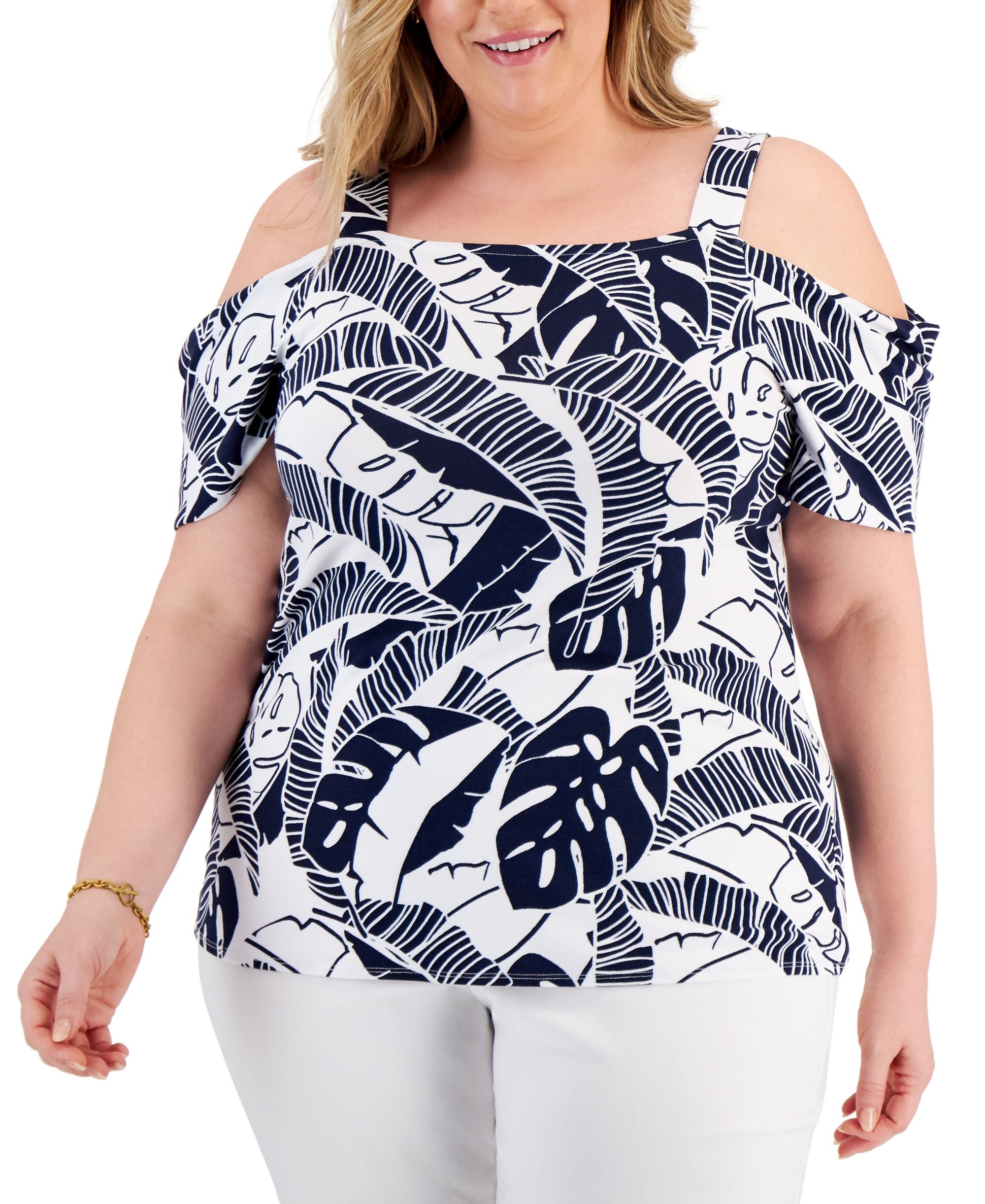 JM Collection Plus Size Printed Cold Shoulder Top
