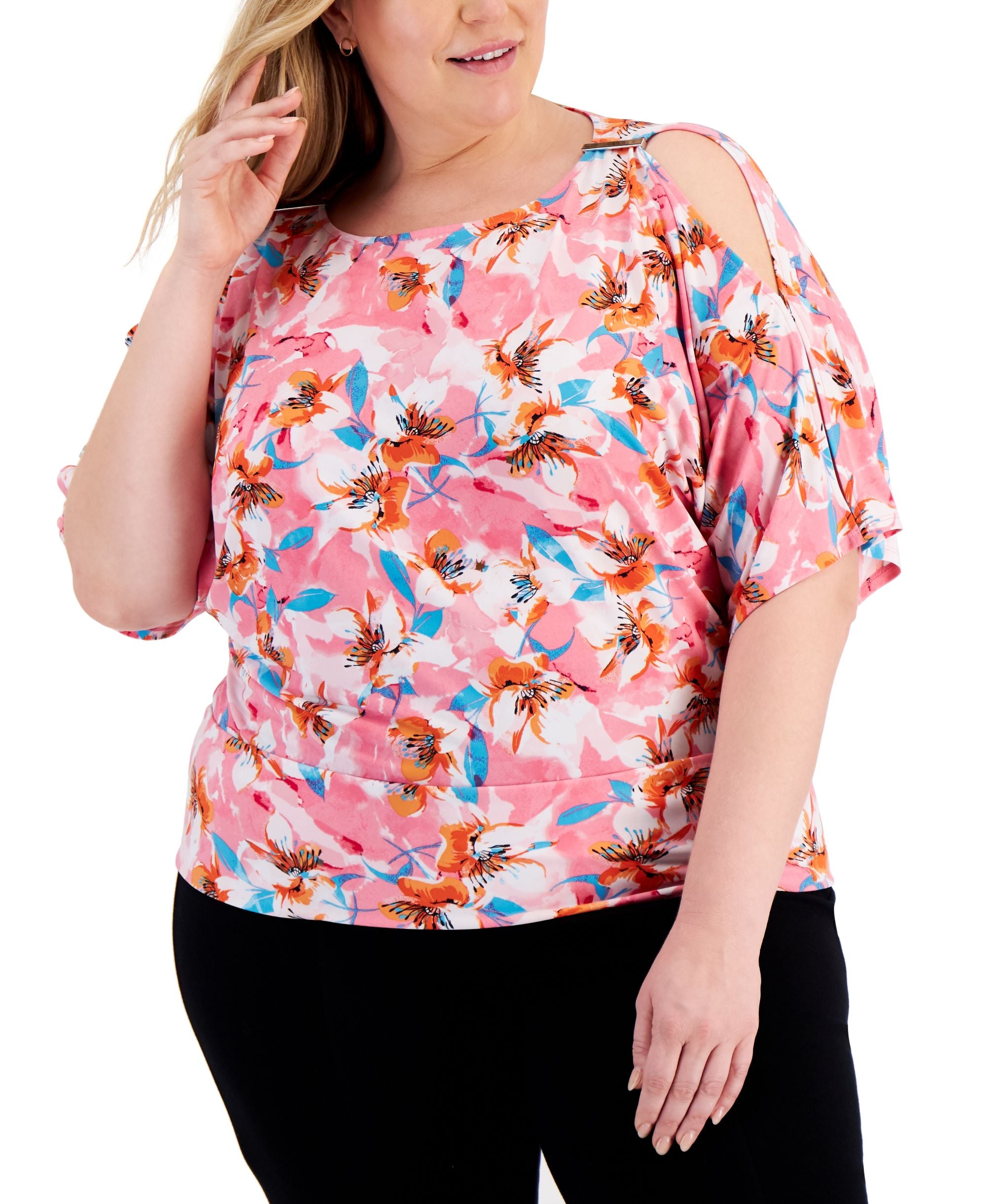 JM Collection Plus Size Printed Cold Shoulder Top
