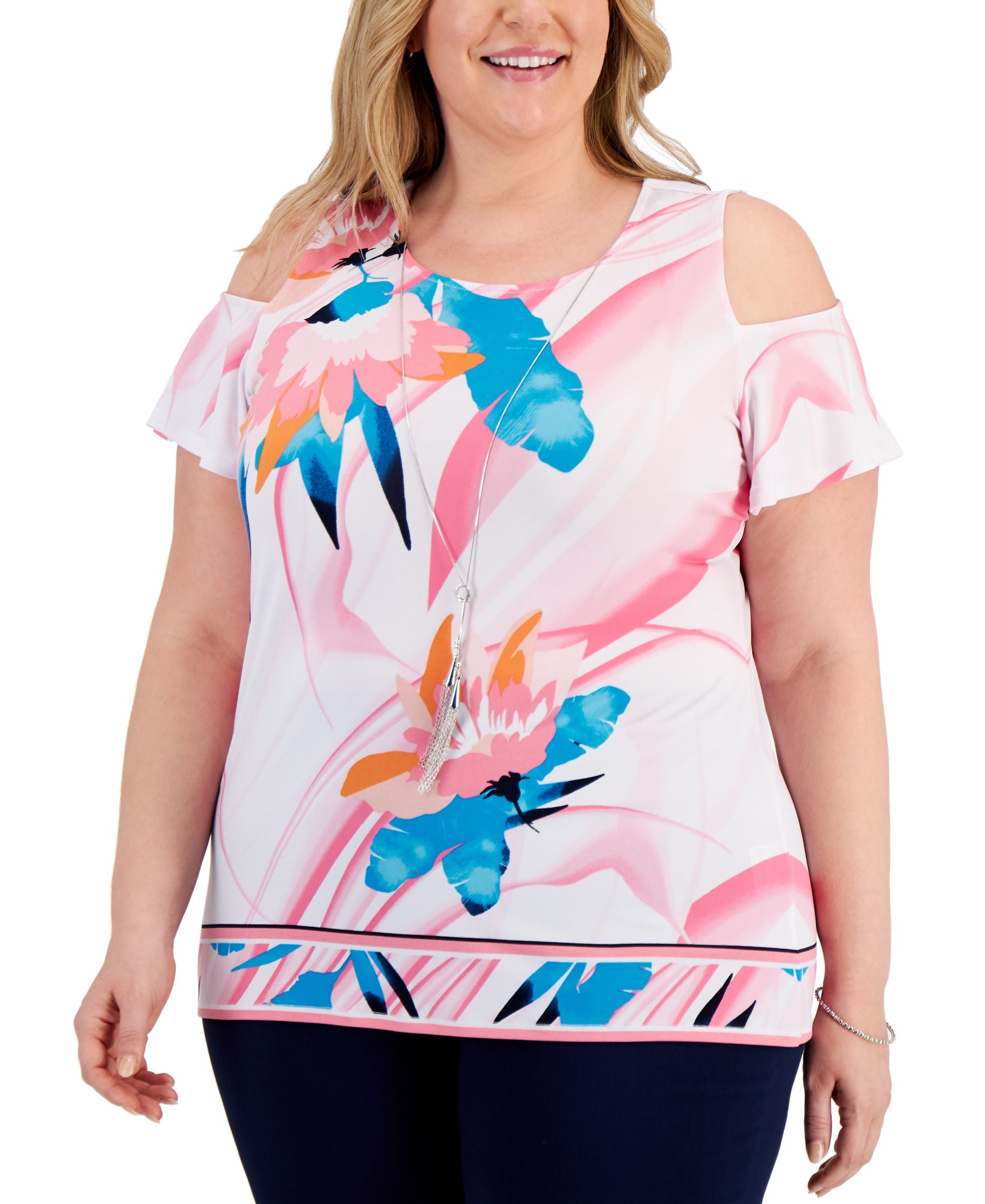 JM Collection Plus Size Floral Cold-Shoulder Top