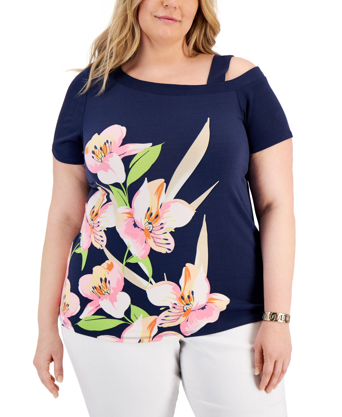 JM Collection Floral Cold Shoulder Top