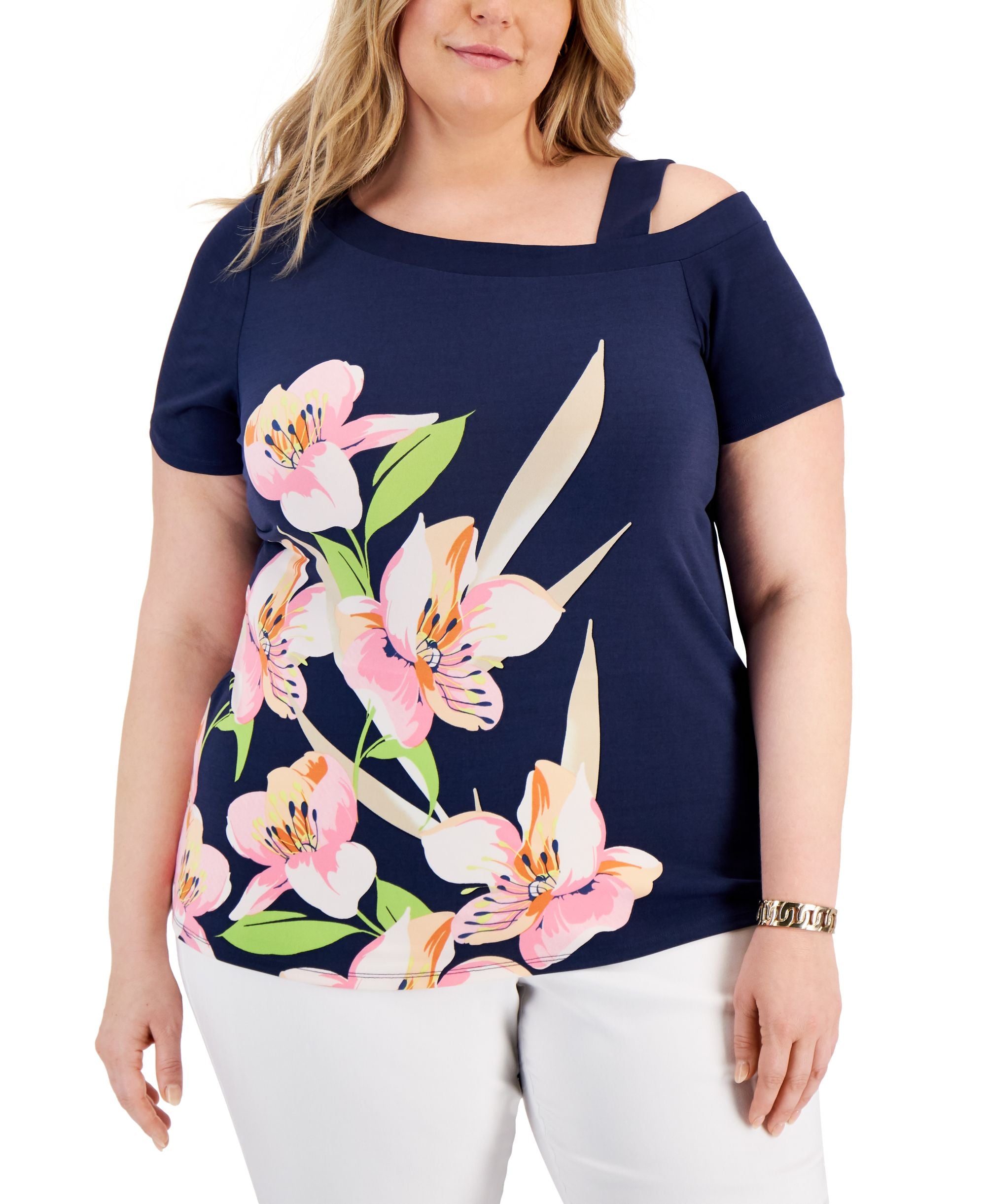 JM Collection Plus Size Floral Cold-Shoulder Top