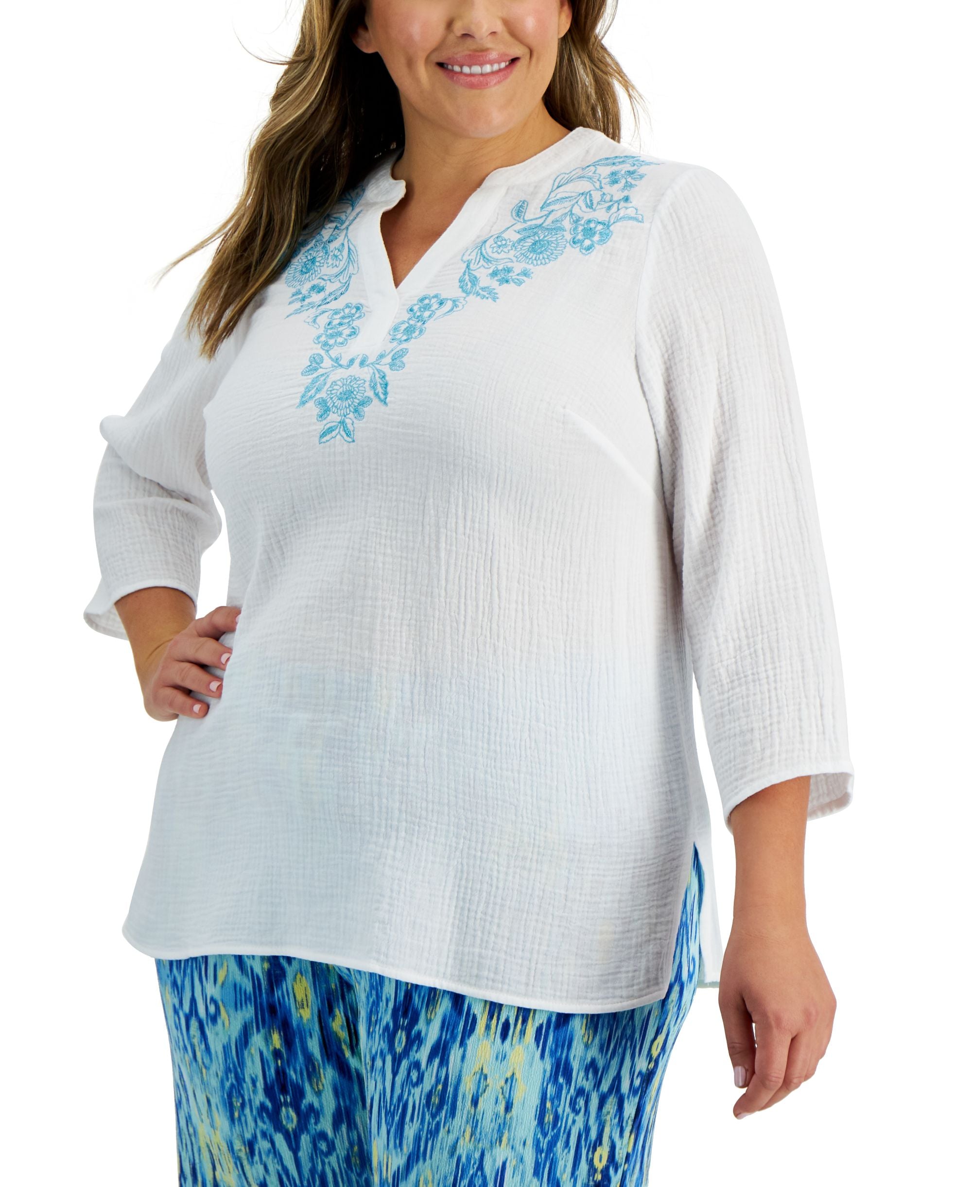 JM Collection Plus Embroidered Gauze Top