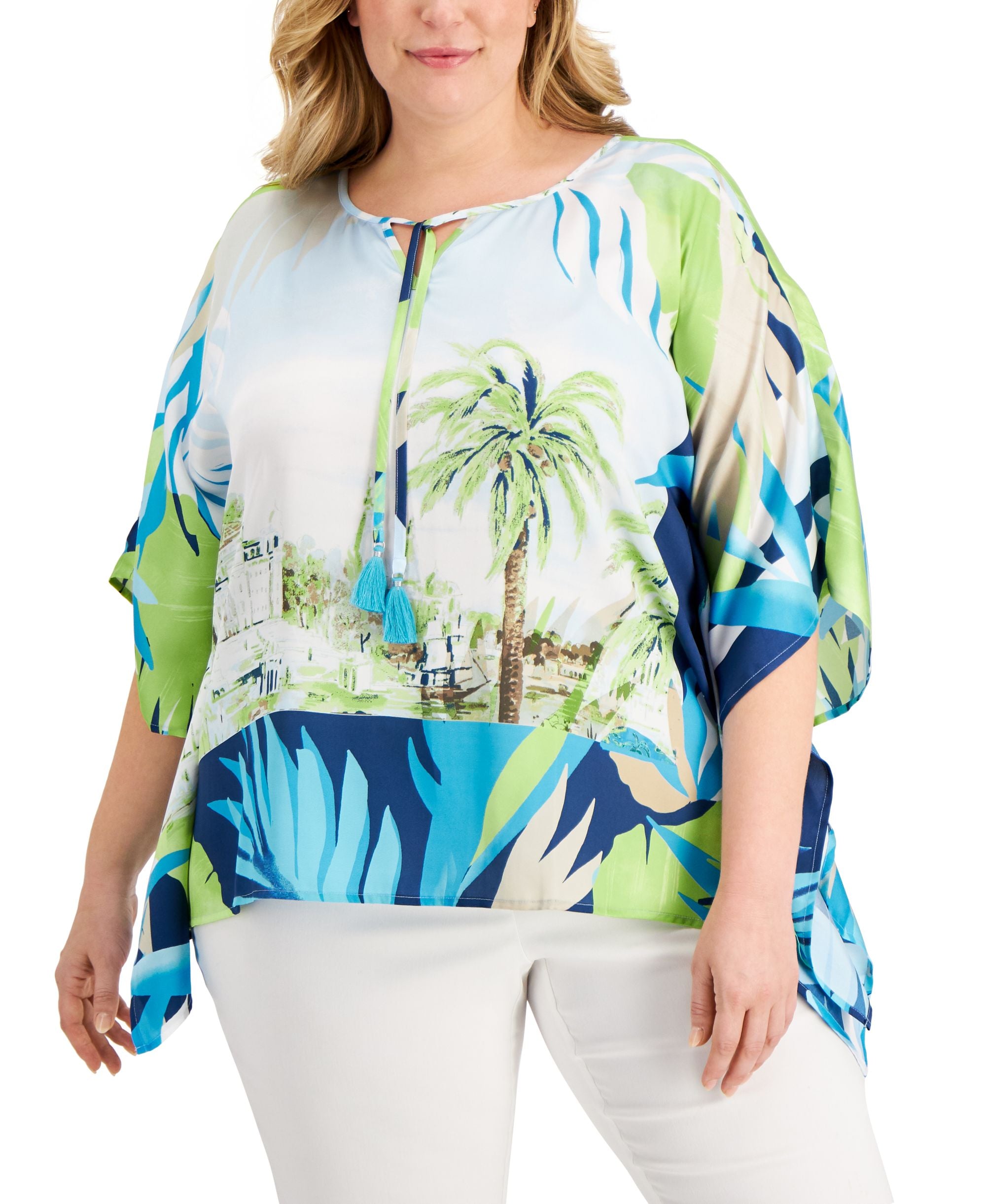 JM Collection Plus Size Tropical Print Poncho