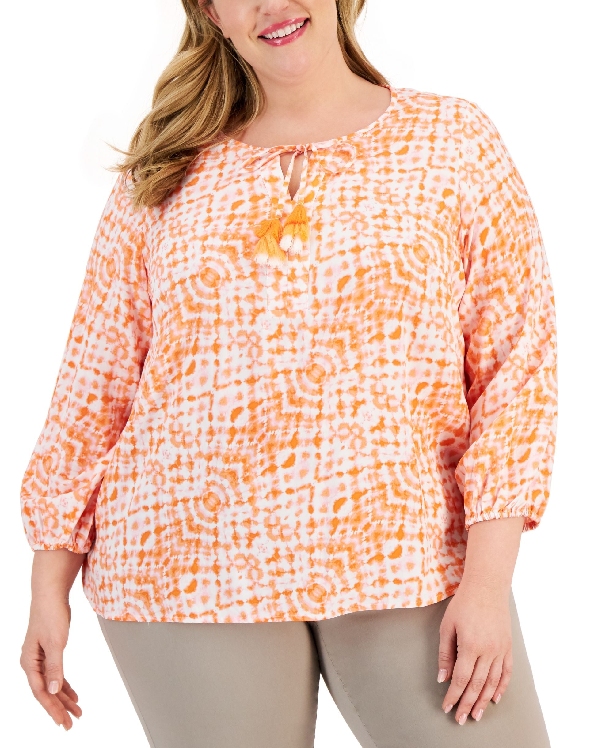JM Collection Plus Size Printed Peasant Top