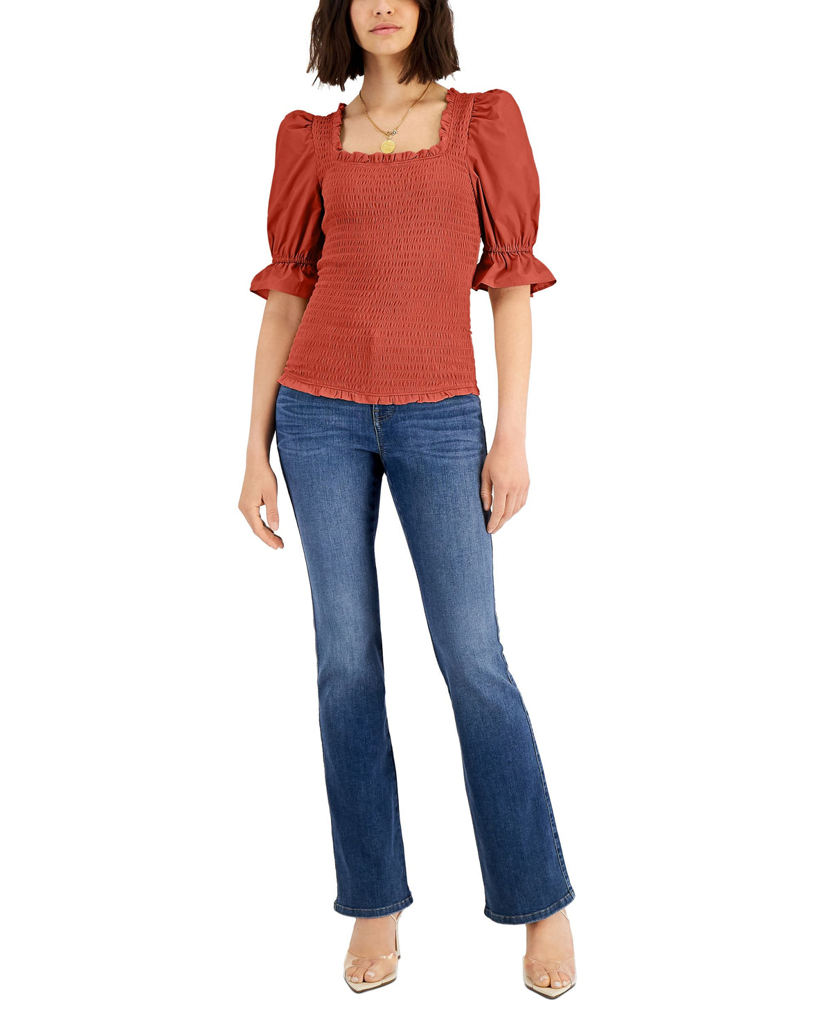INC International Concepts Womens Smocked Puff Sleeve Solid Top