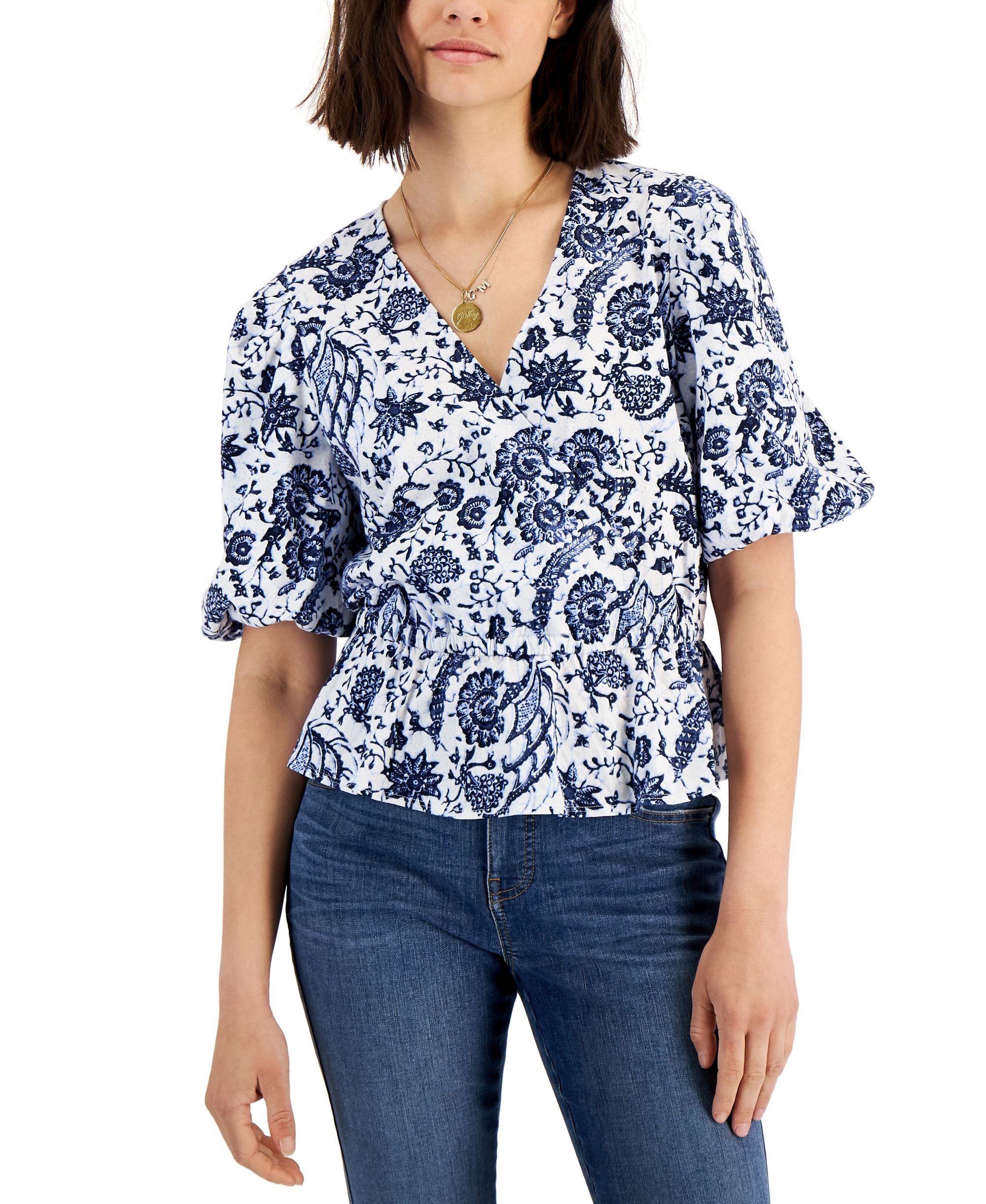 INC International Concepts Womens Printed Puff Sleeve Top