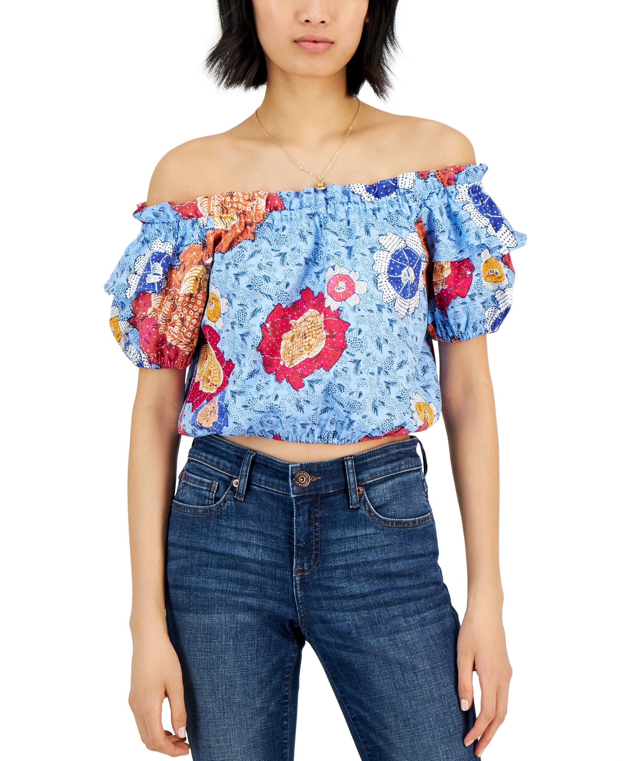INC International Concepts Womens Cotton Printed Off The Shoulder Top