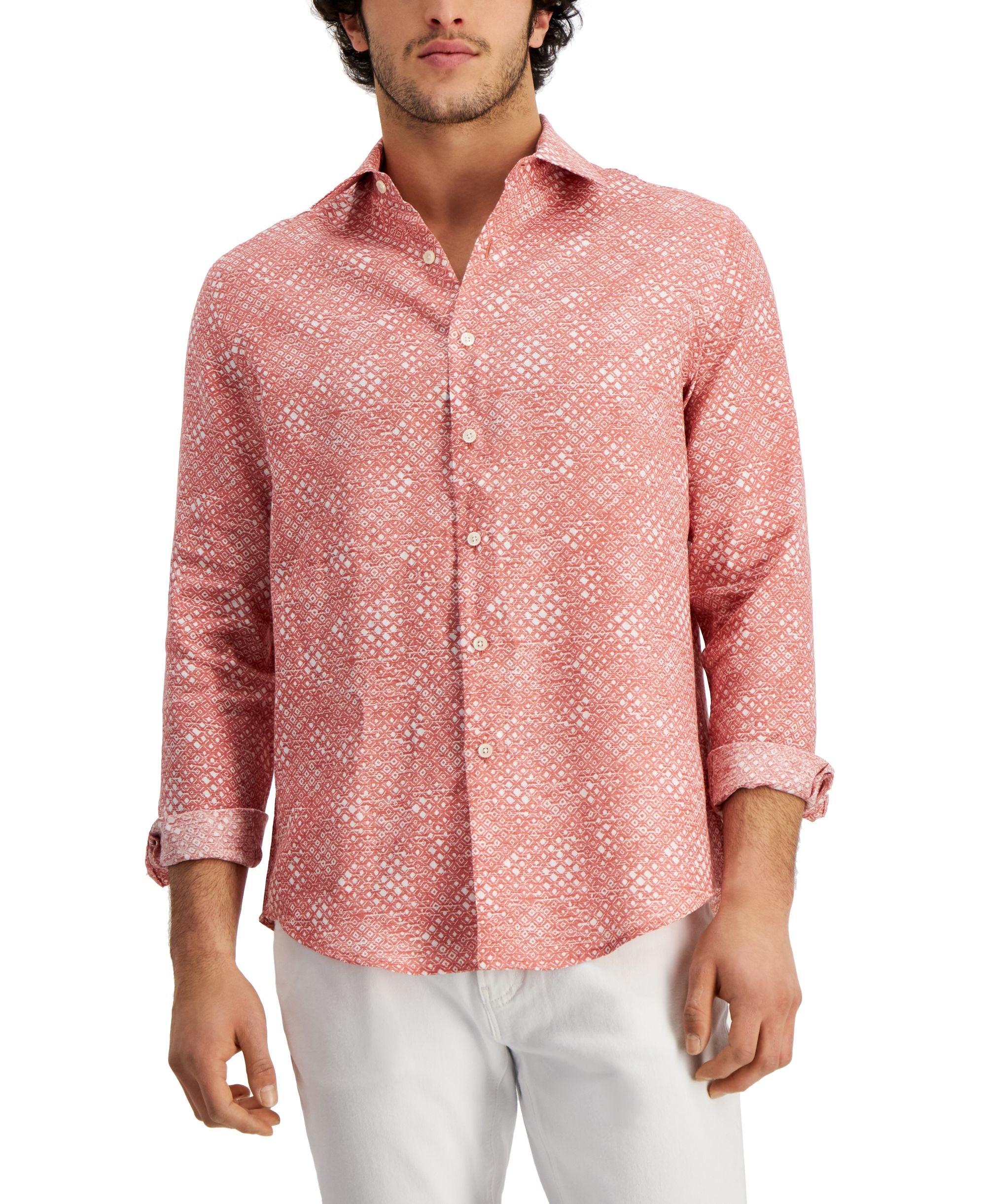 Club Room Mens Regular Fit Geo Print Linen Shirt