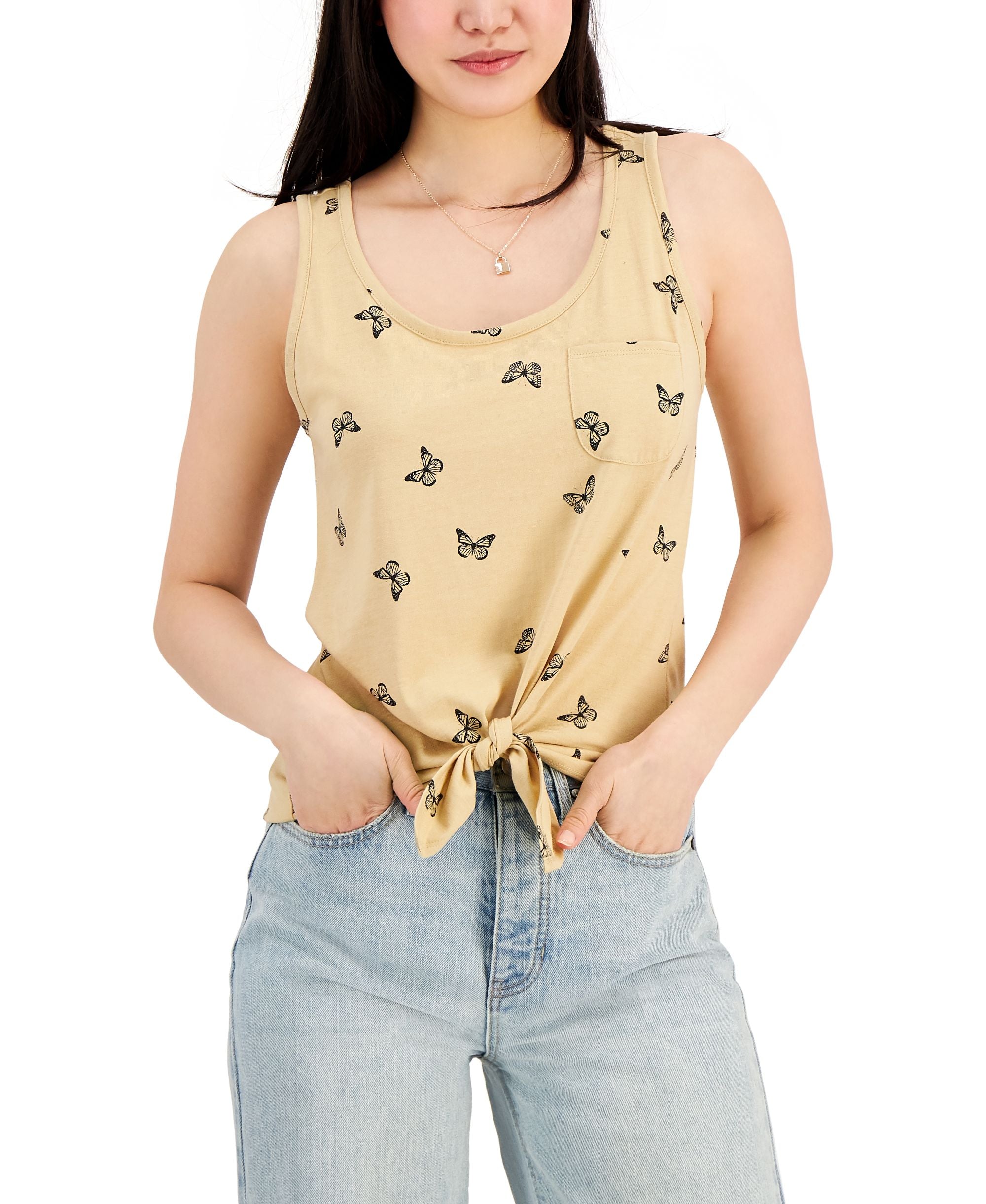 Juniors' Printed Tie-Hem Tank Top
