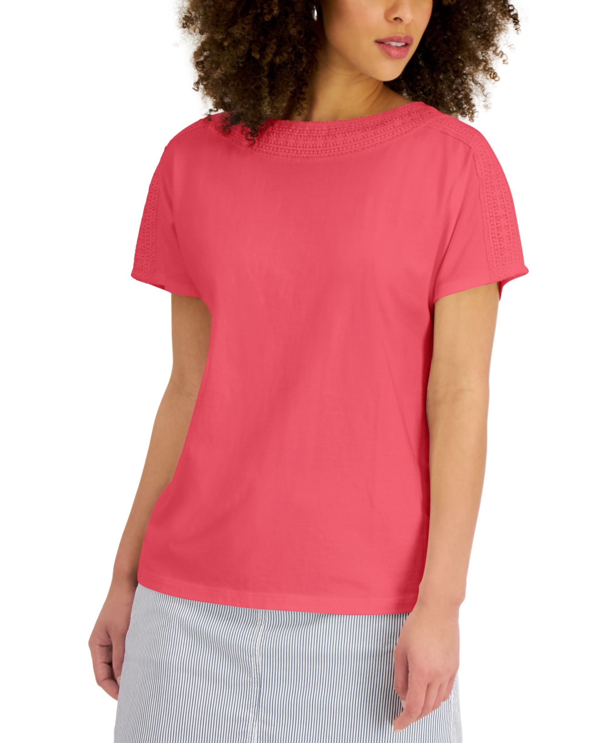 Karen Scott Womens Crochet Trim Top