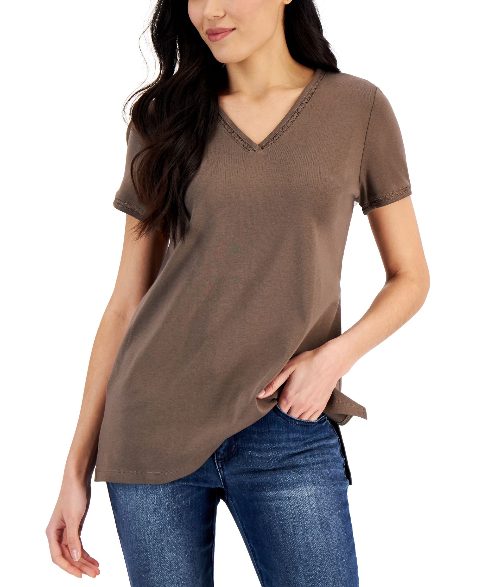 Karen Scott Womens Cotton Lace Trimmed Top