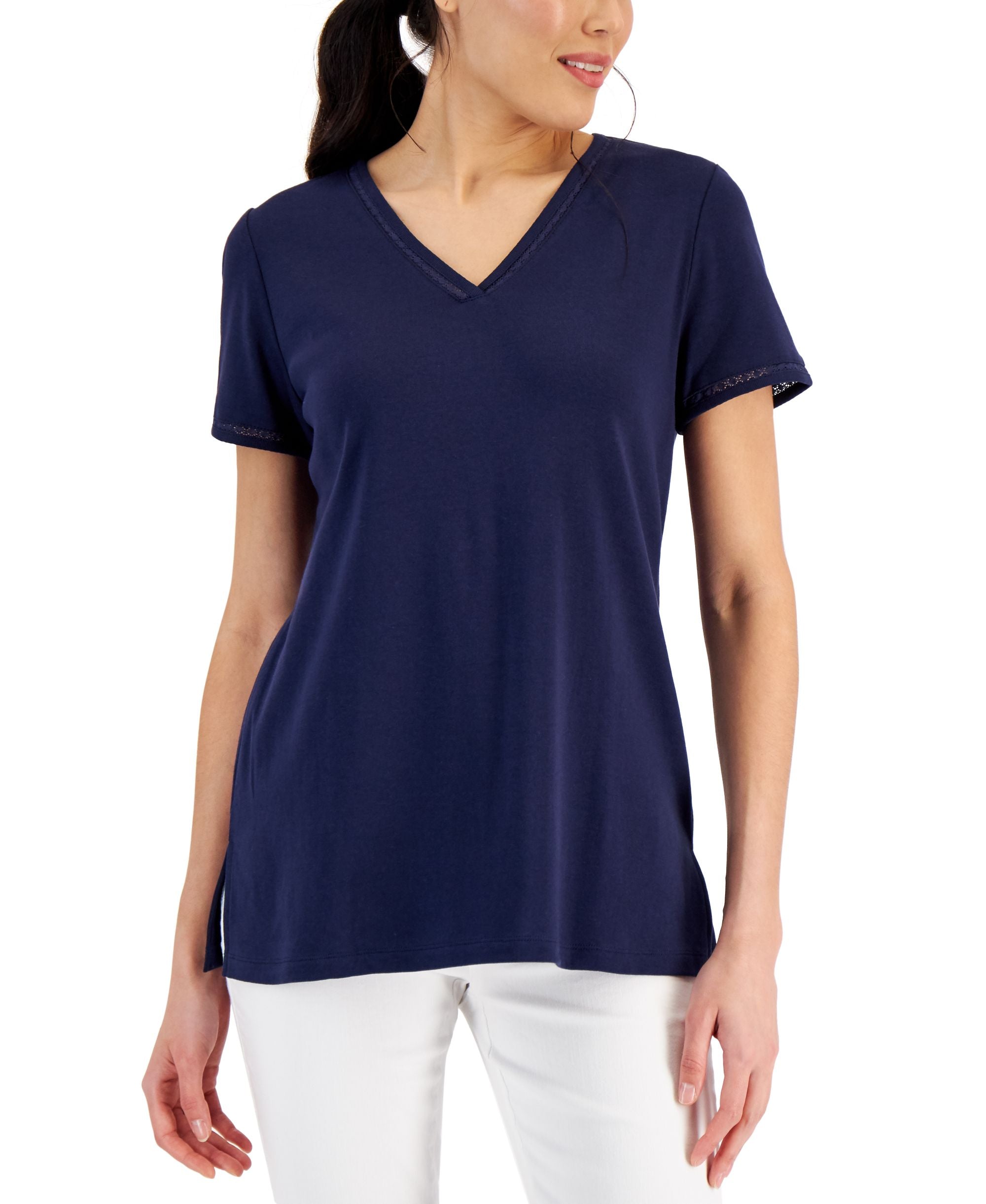 Karen Scott Womens Cotton Lace Trimmed Top