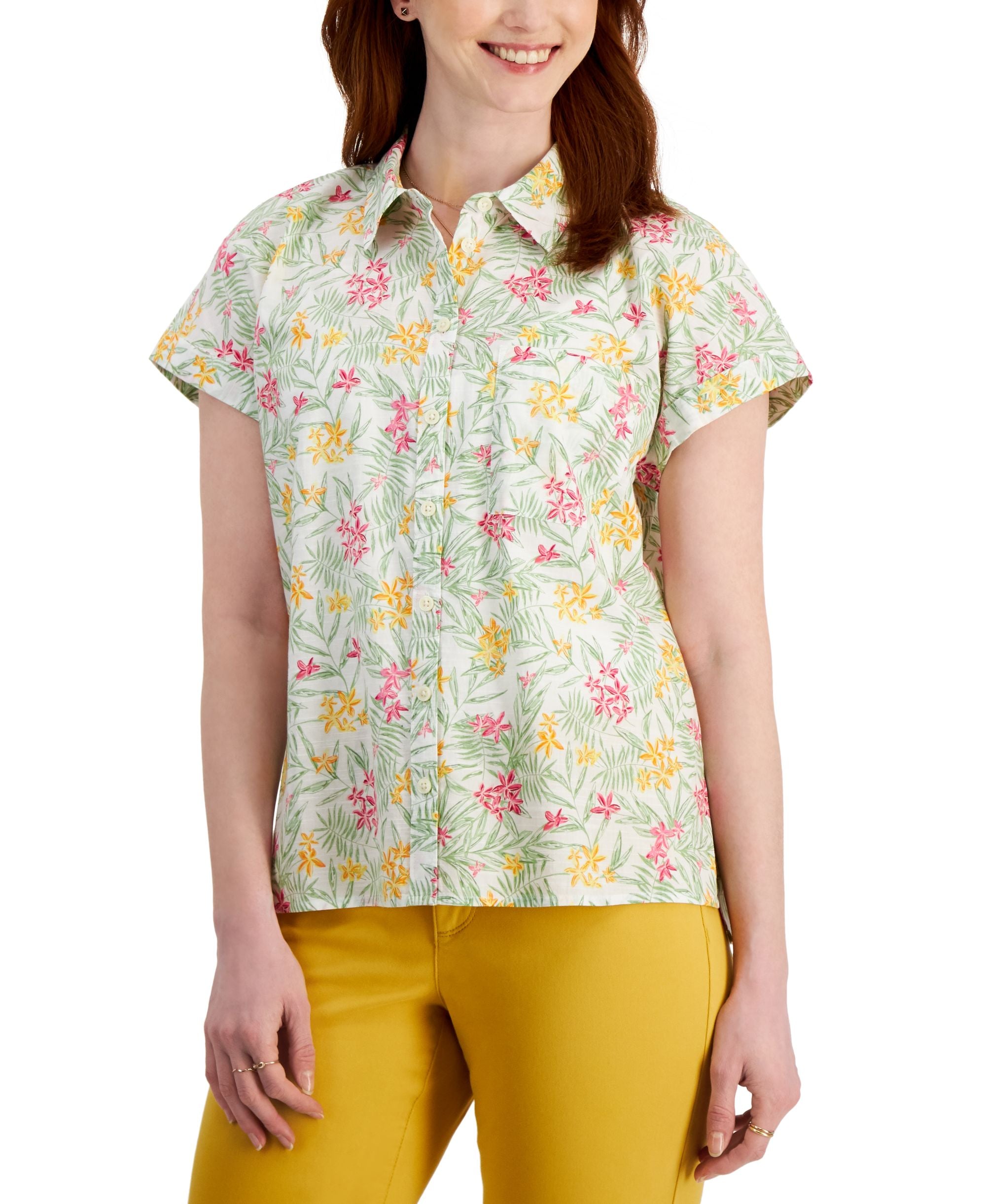 Style & Co Womens Cotton Printed Camp Shirt