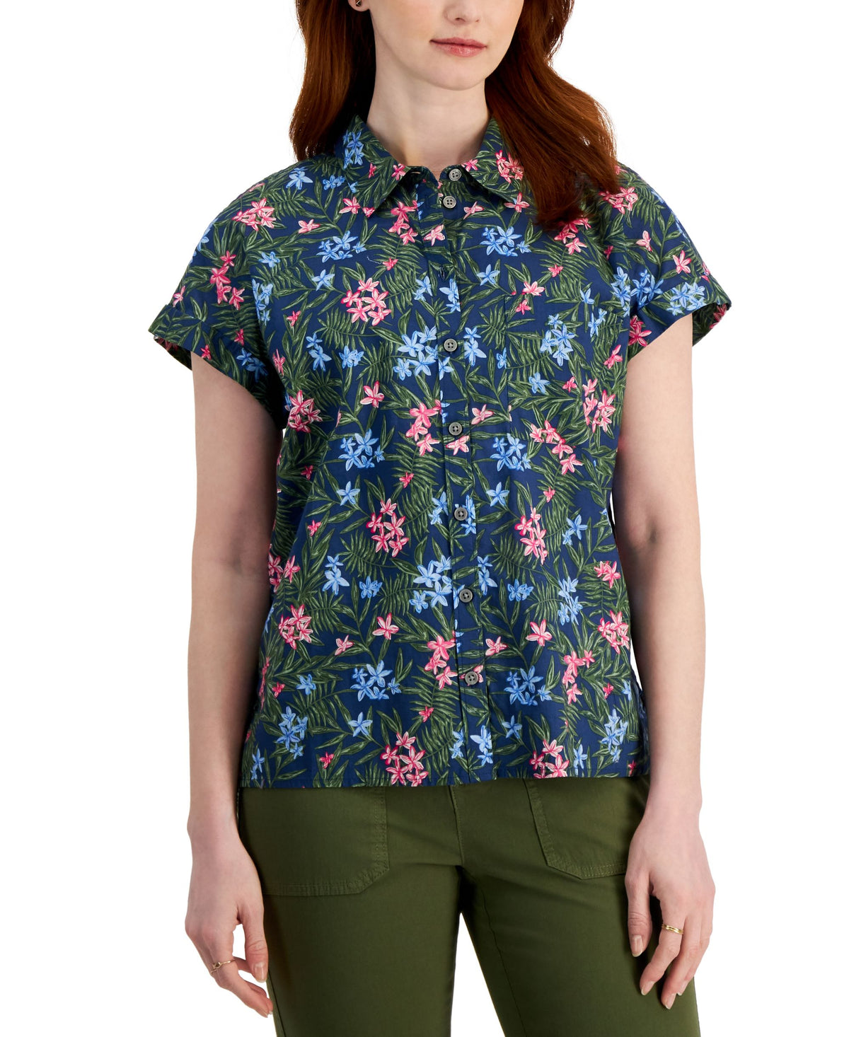 Style & Co Womens Cotton Printed Camp Shirt
