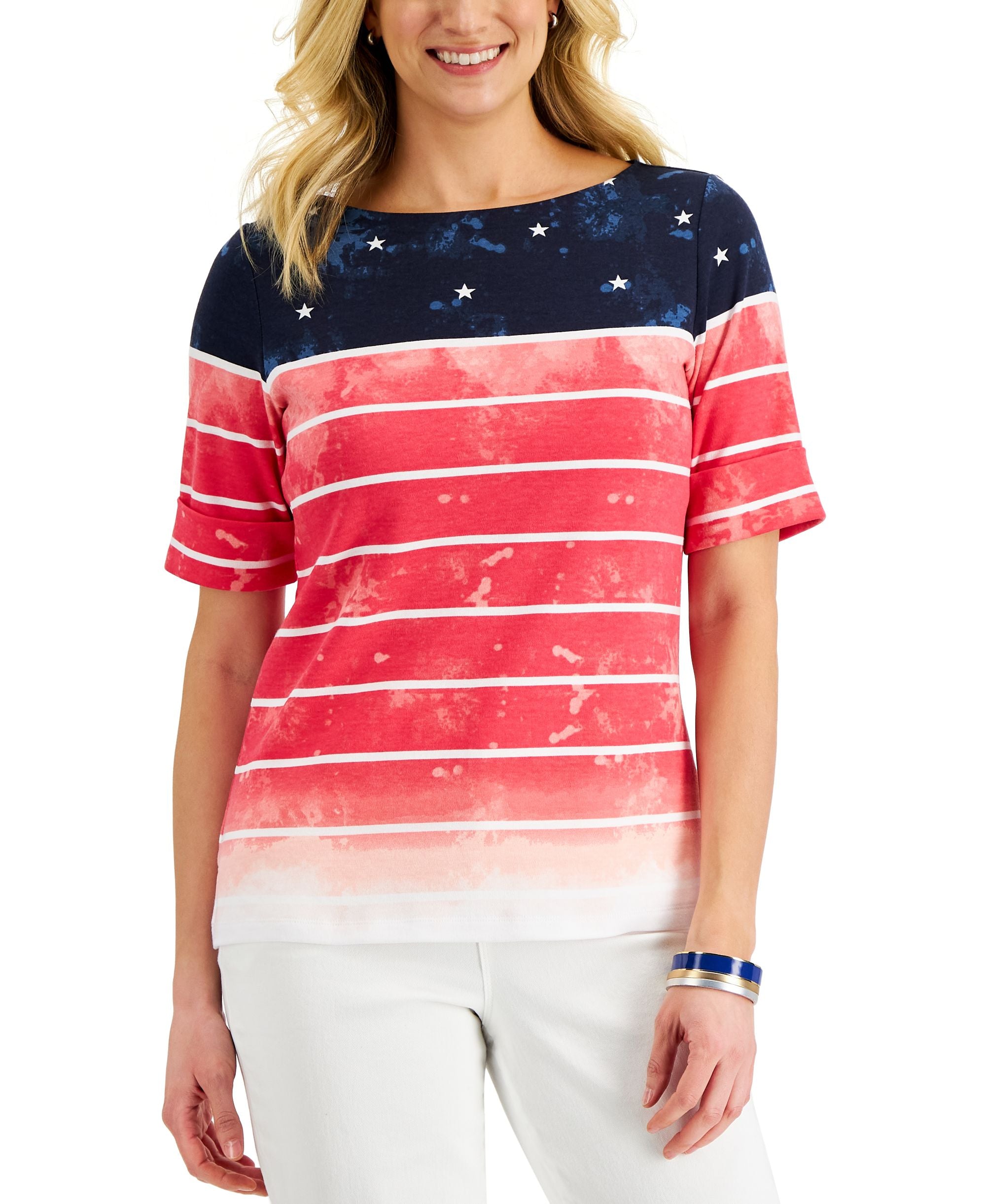 Karen Scott Womens Watercolor Flag Boatneck Top