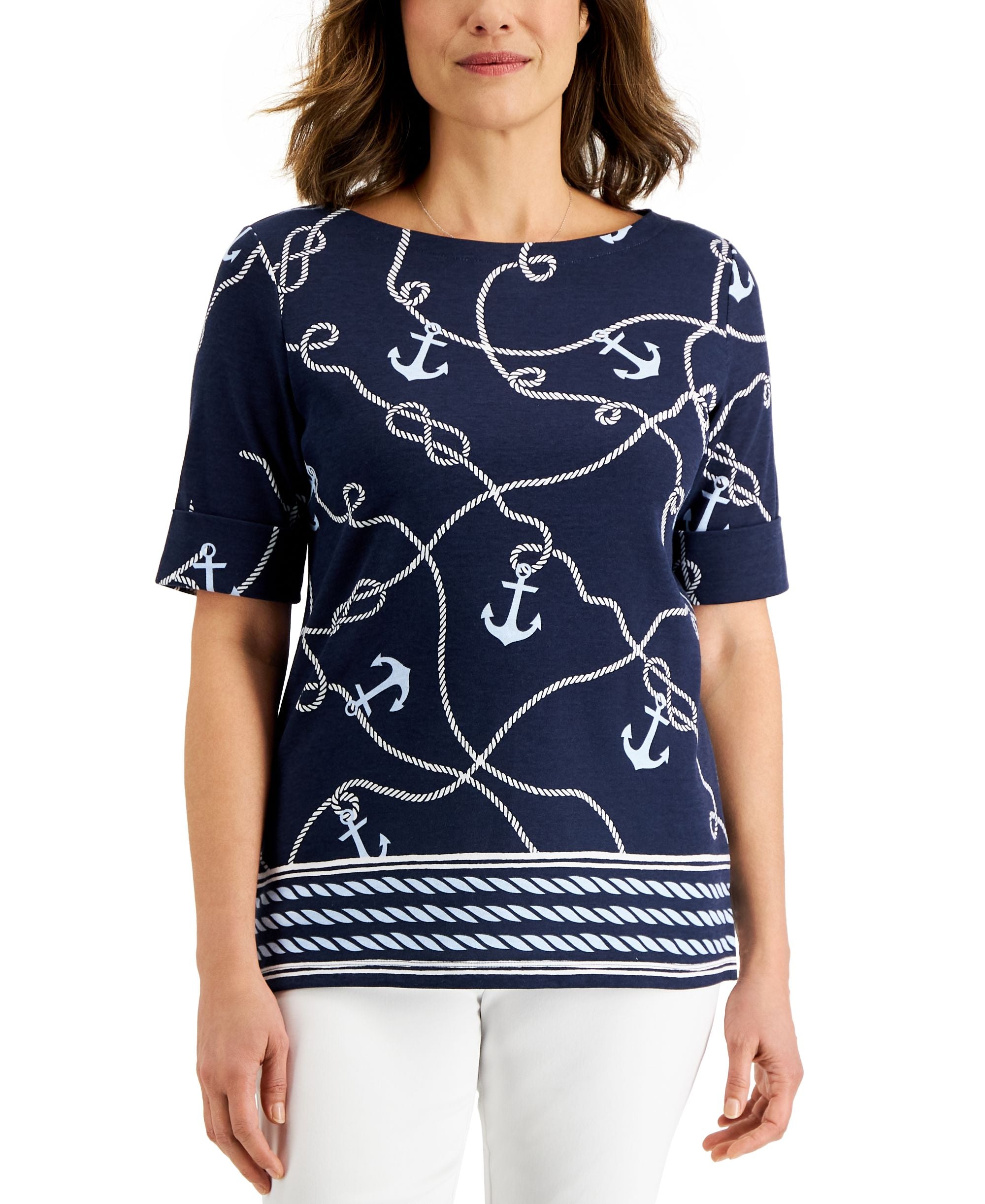 Karen Scott Womens Anchor Print Elbow Sleeve Top