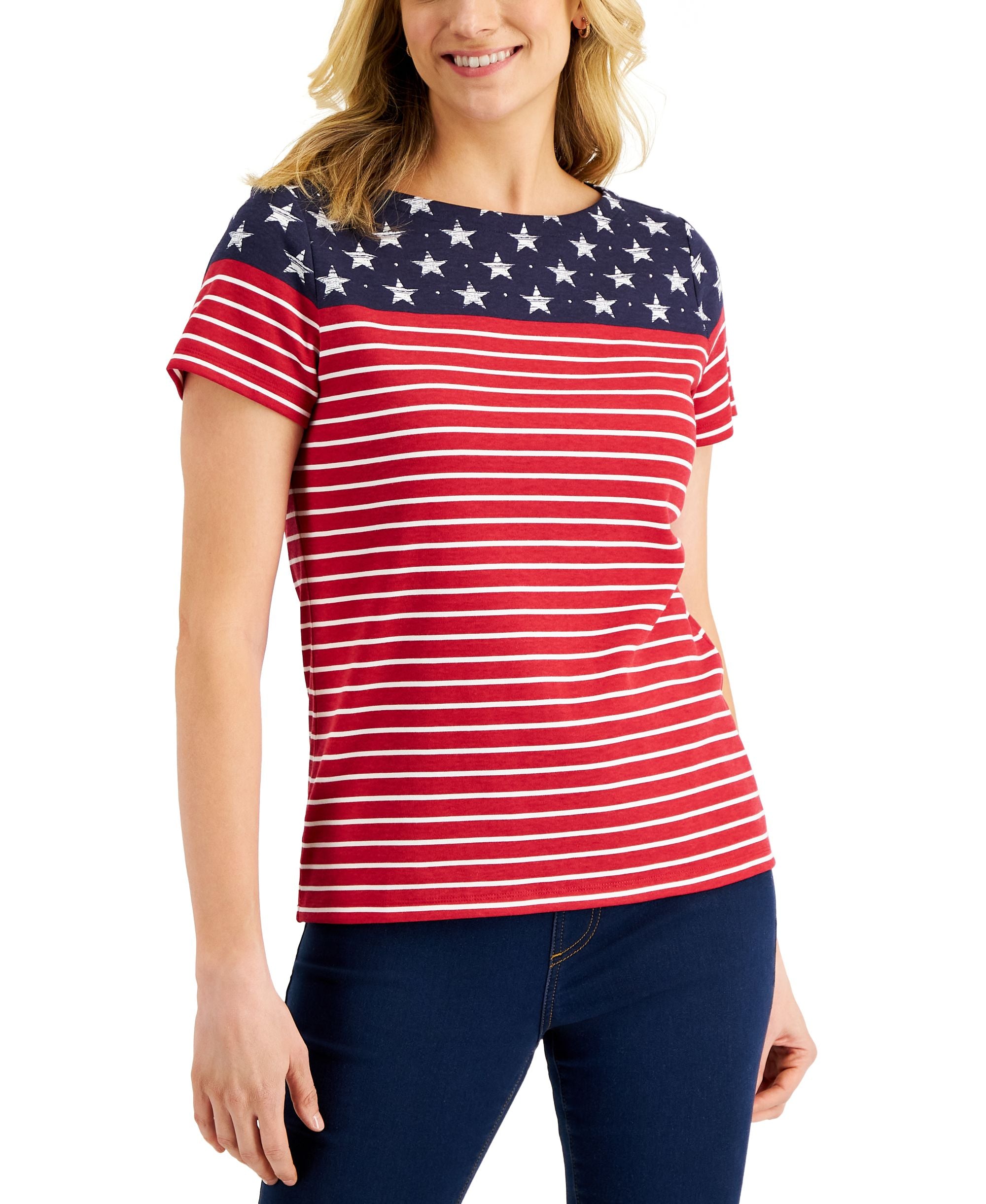Karen Scott Petite Short Sleeve Simple Flag Boatneck Top