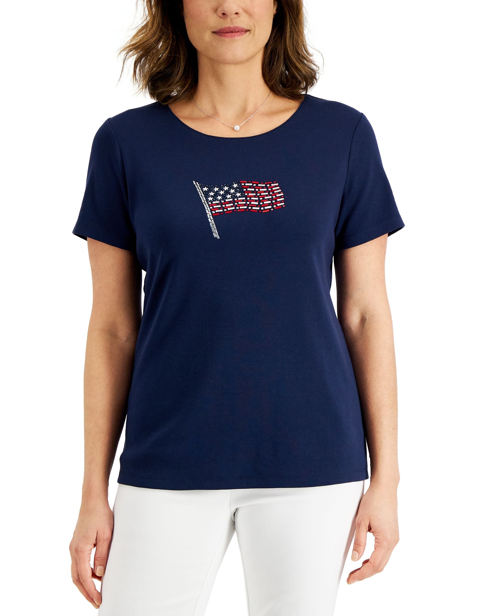 Karen Scott Petite Short Sleeve Sparkle Flag Top