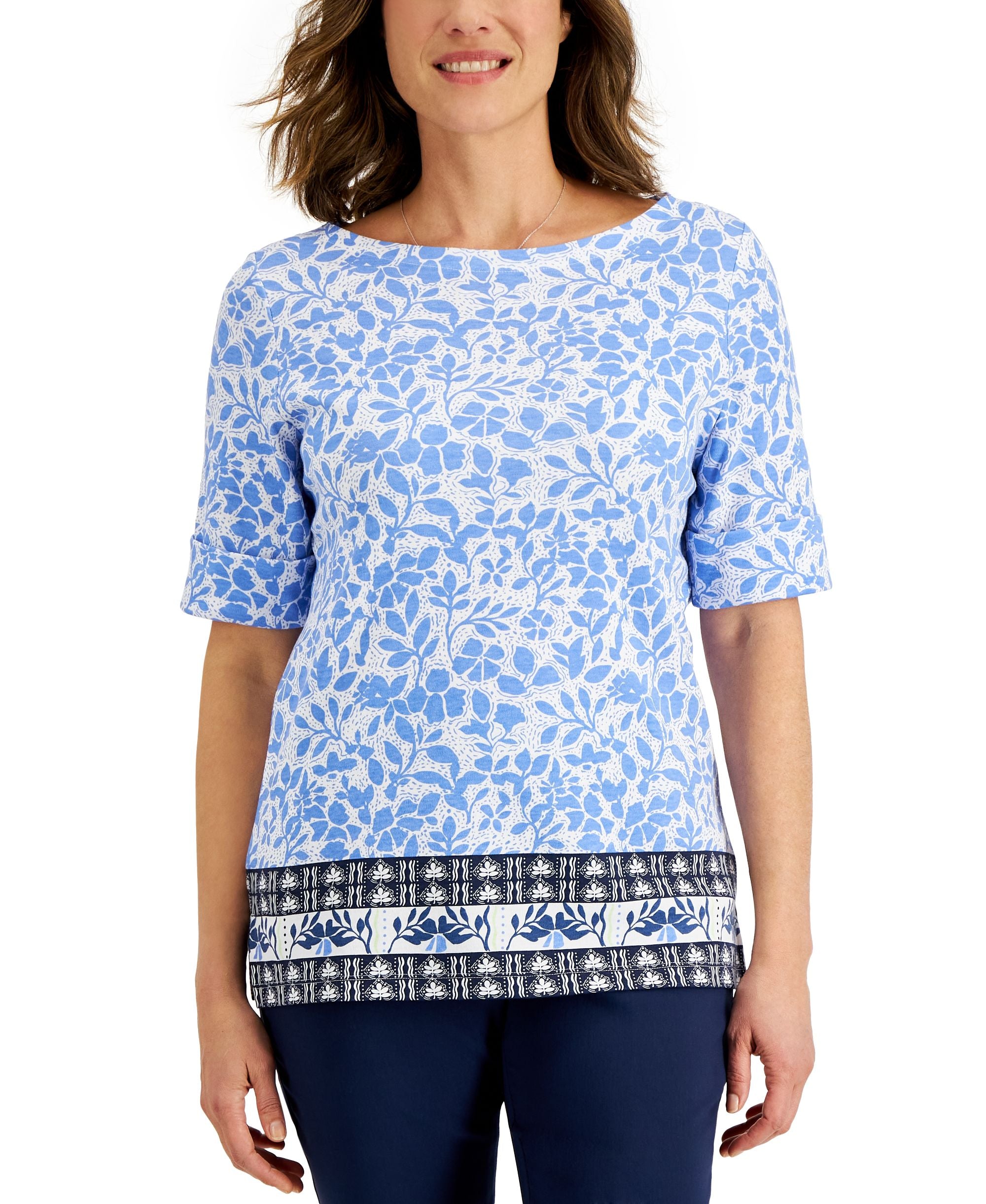 Karen Scott Petite Oahu Dream Elbow Sleeve Boatneck Top