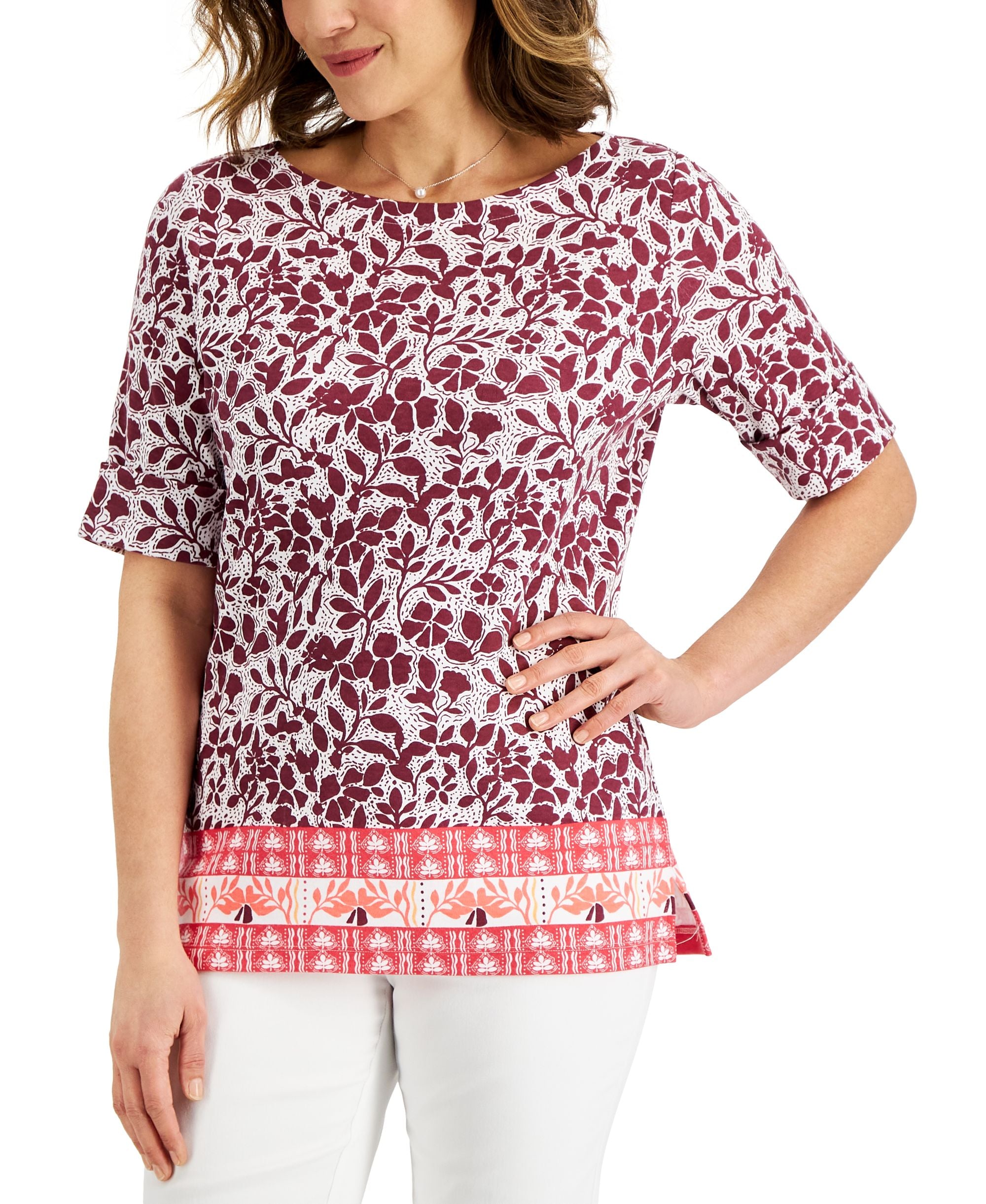 Karen Scott Petite Oahu Dream Elbow Sleeve Boatneck Top