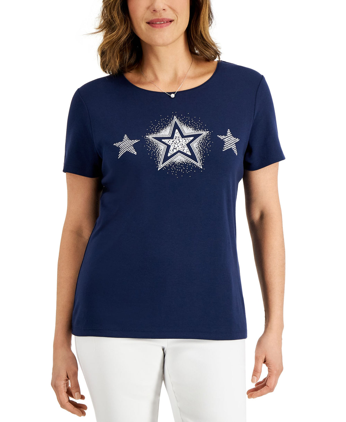 Karen Scott Womens Triple Shine Embellished Graphic T-Shirt