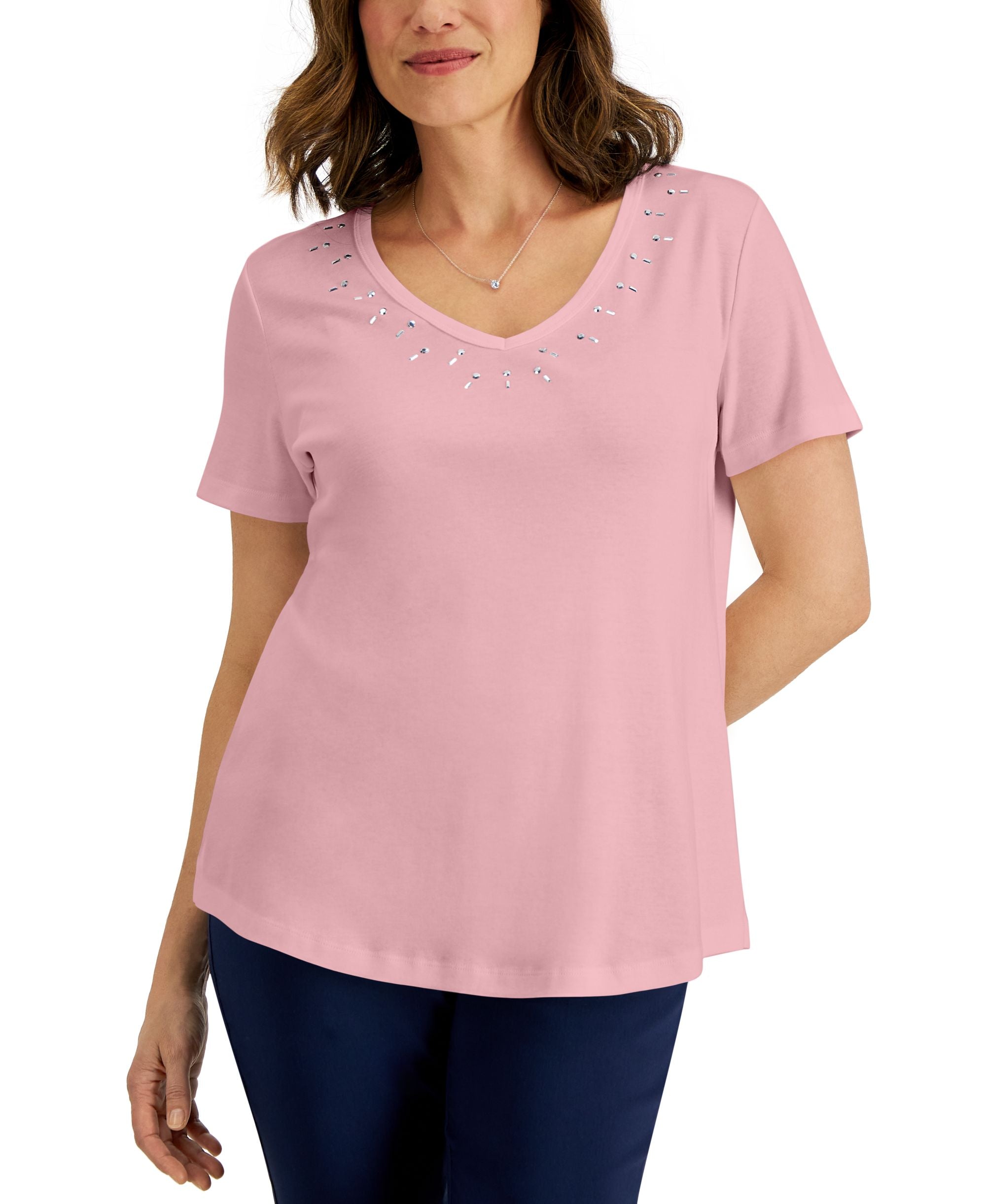 Karen Scott Womens Cotton Studded V Neck Top