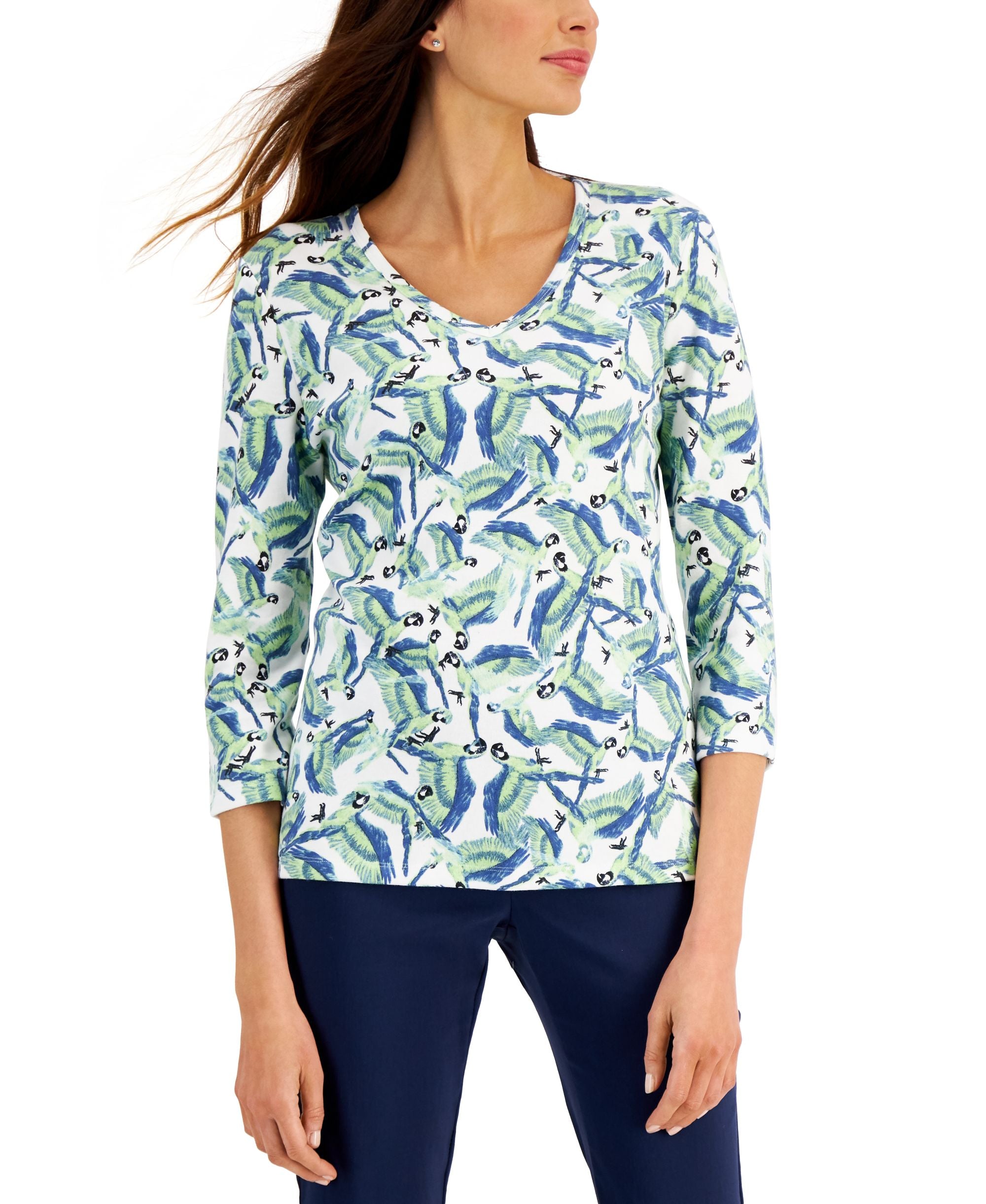 Karen Scott Womens V Neck 3/4 Sleeve Top