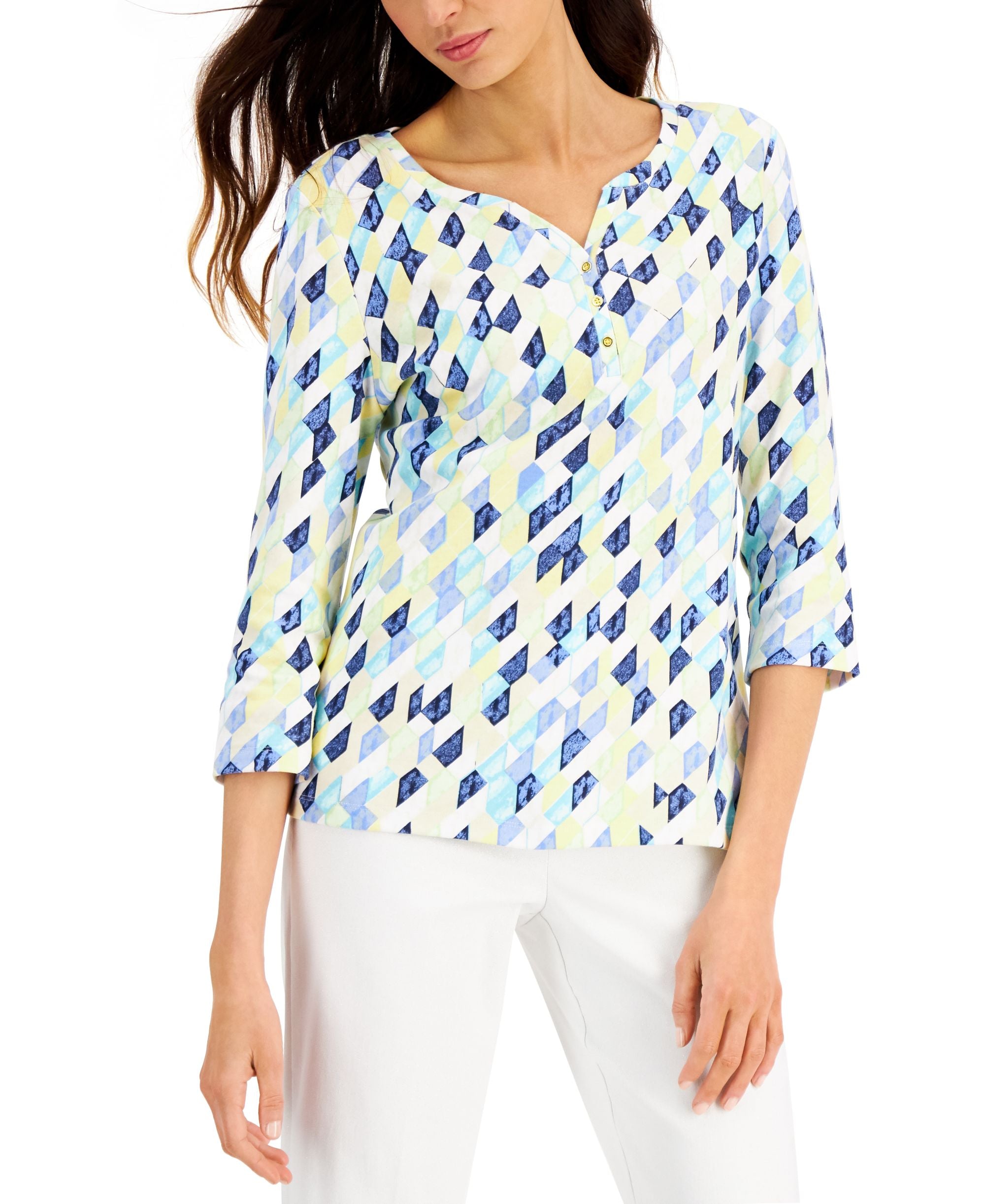 Karen Scott Womens Geo Print Henley Top
