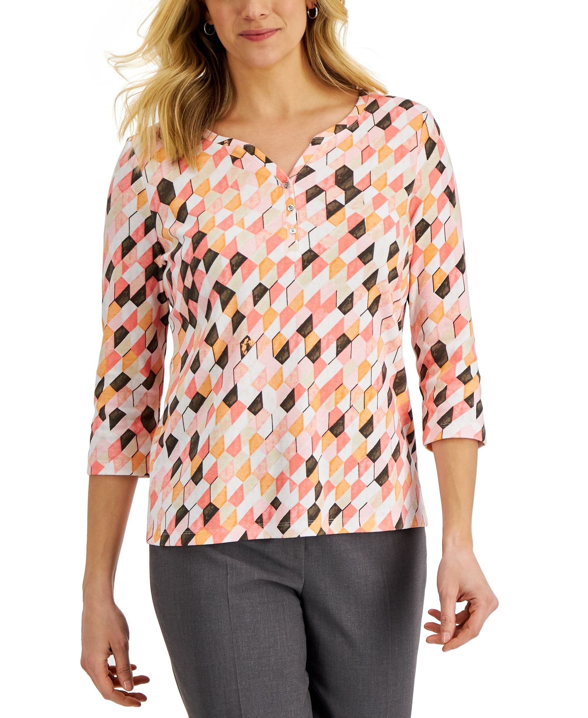 Karen Scott Womens Geo Print Henley Top