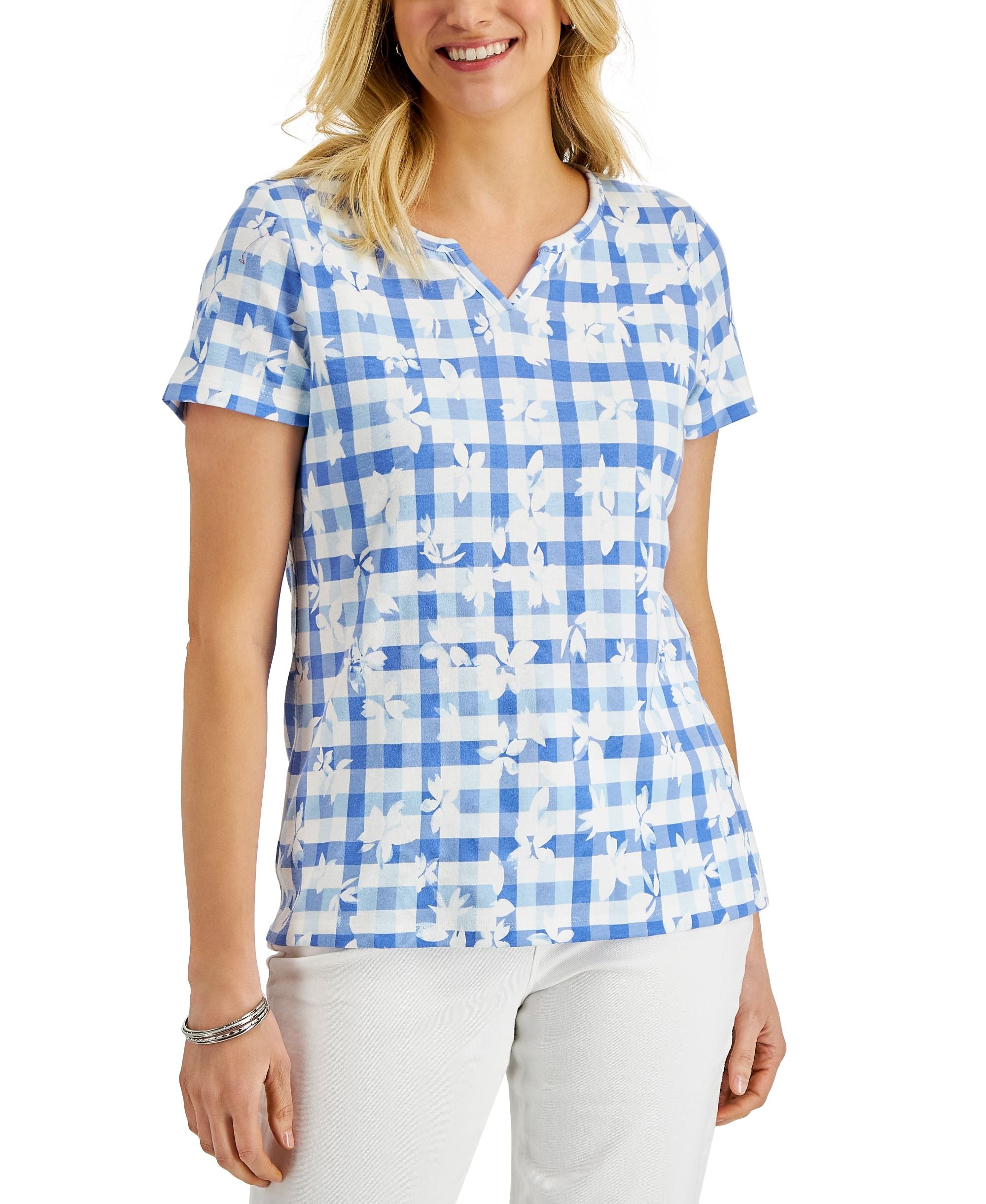 Karen Scott Petite Short Sleeve Gingham Bloom Split Neck Top