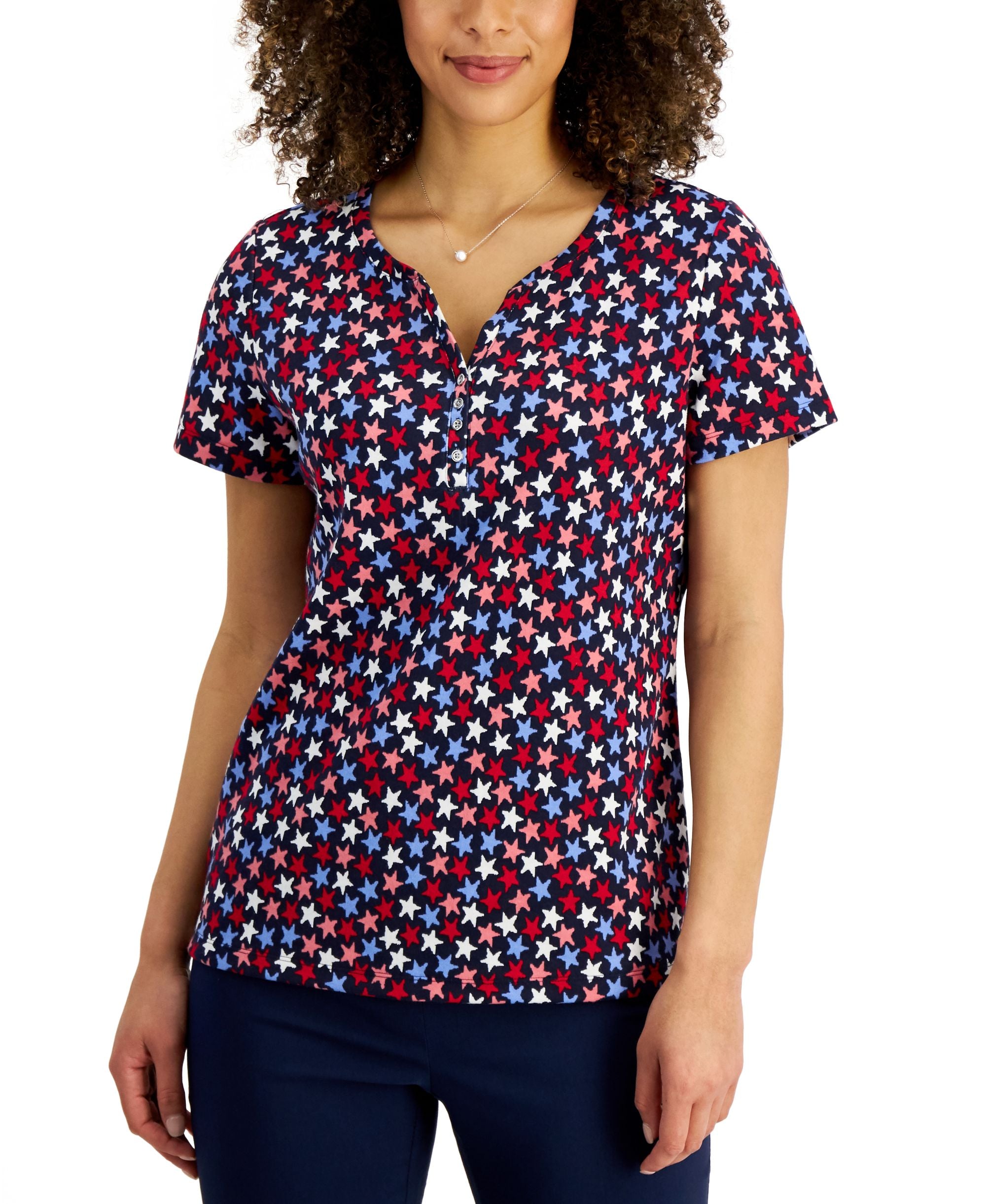 Karen Scott Womens Star Ditsy Henley Top