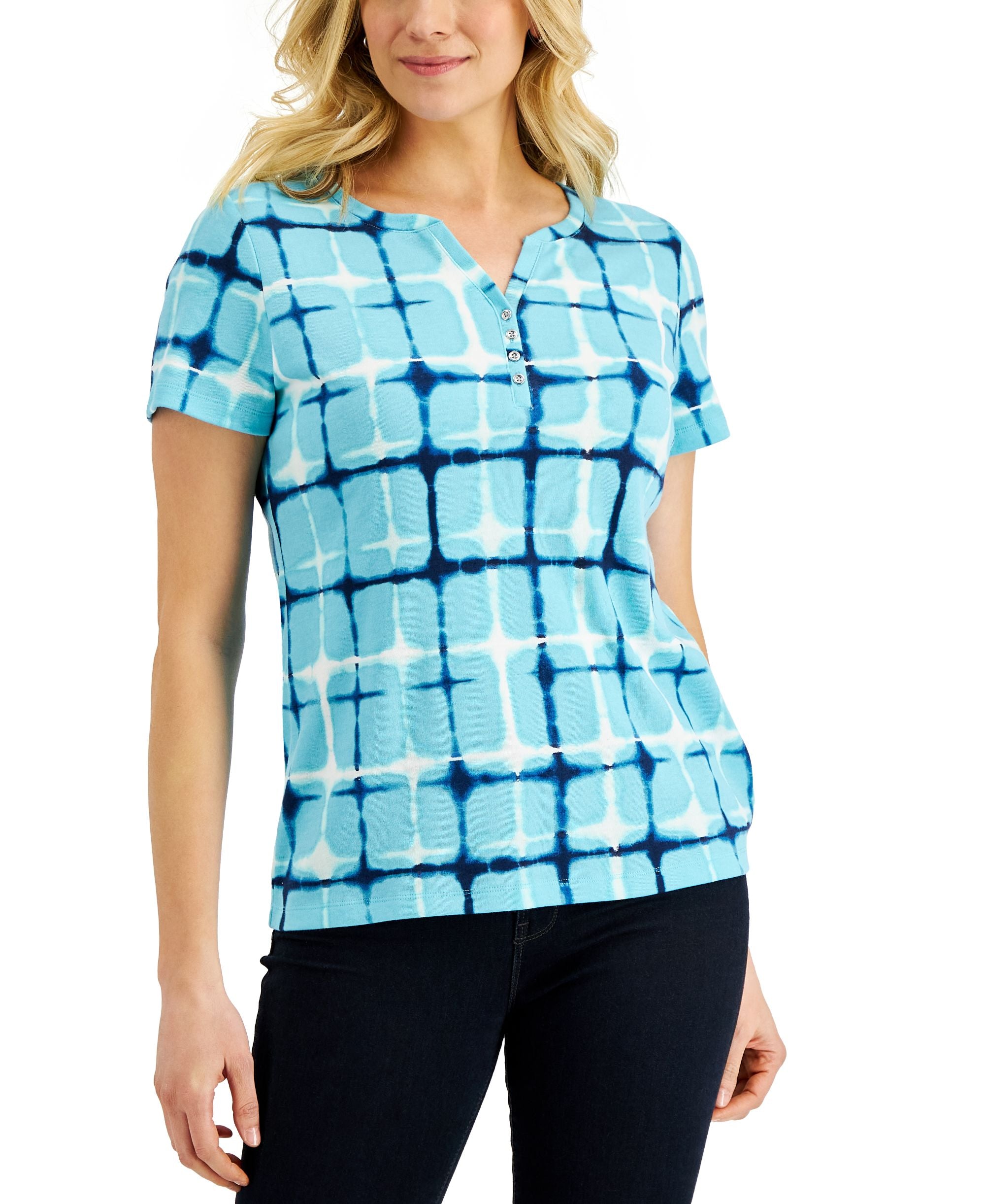 Karen Scott Womens Firecracker Printed Henley Top