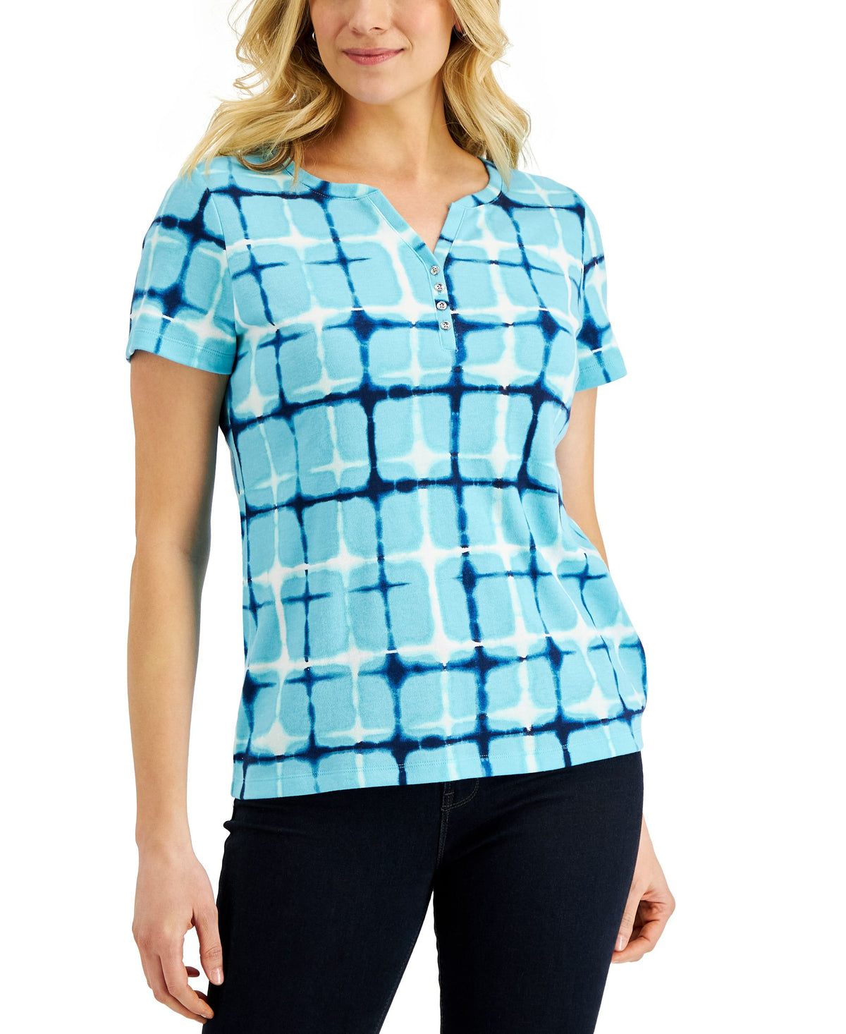 Karen Scott Womens Firecracker Printed Henley Top