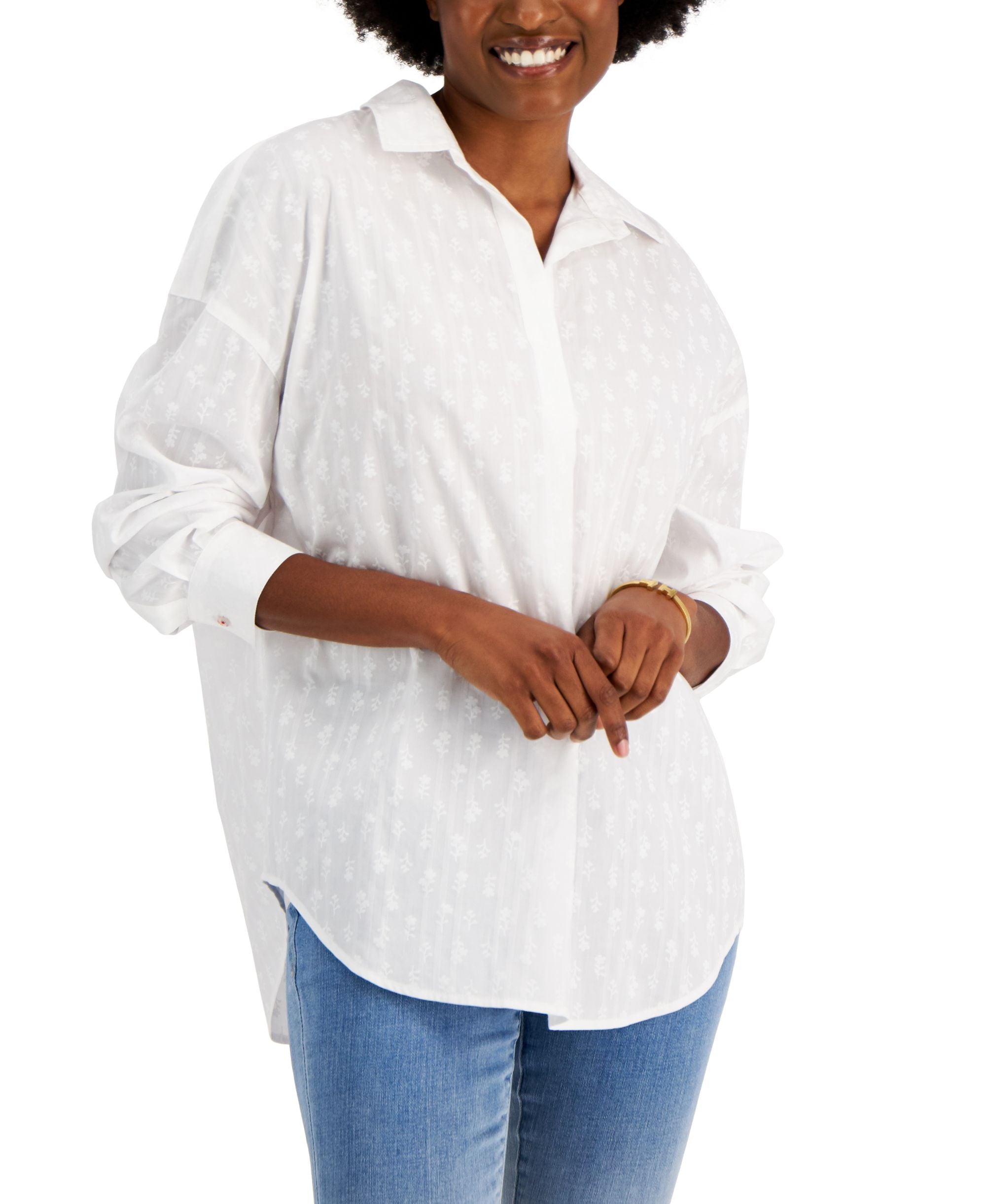 Tommy Hilfiger Womens Cotton Textured Popover Tunic Top