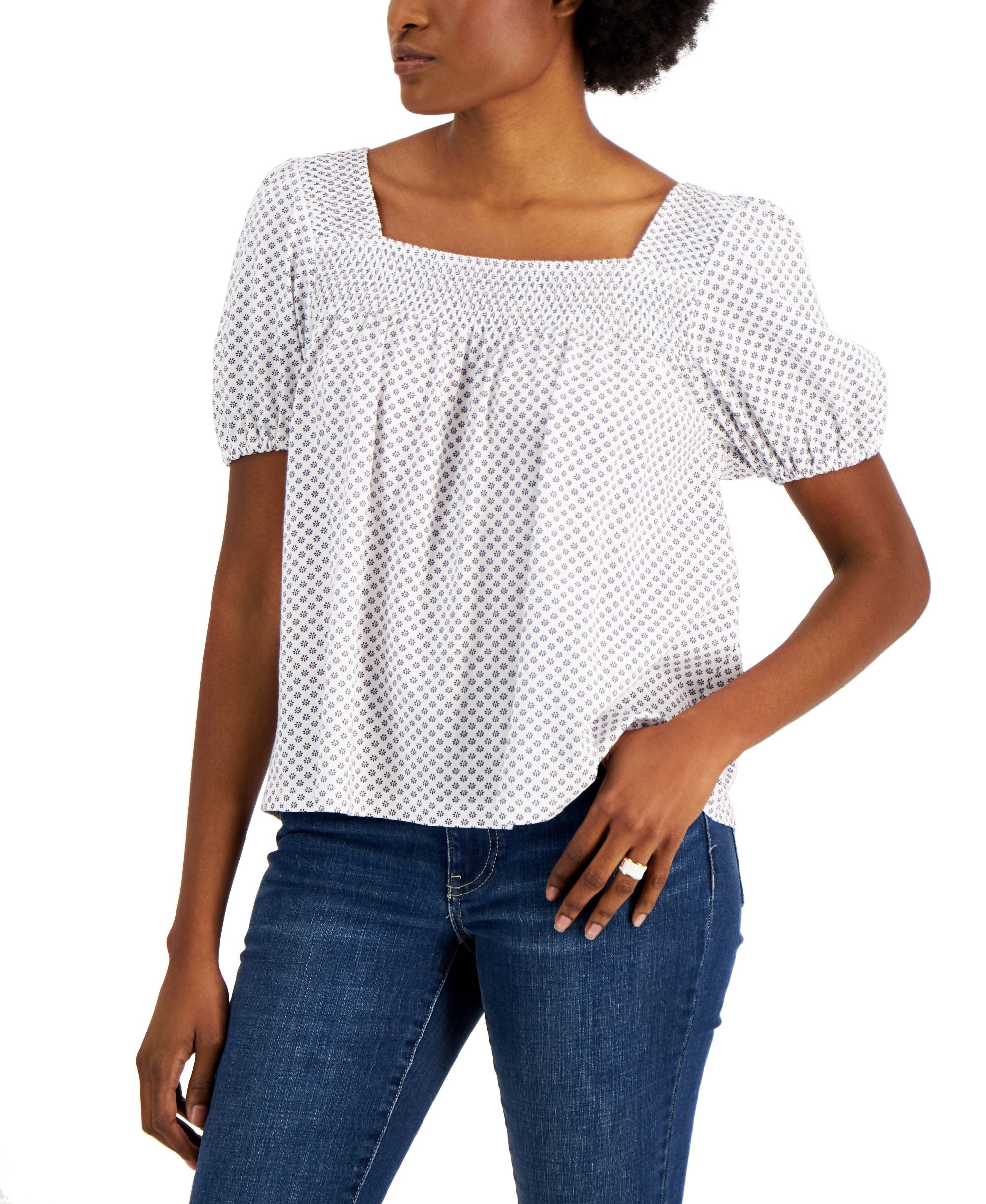 Tommy Hilfiger Womens Floral Print Smocked Pullover Top