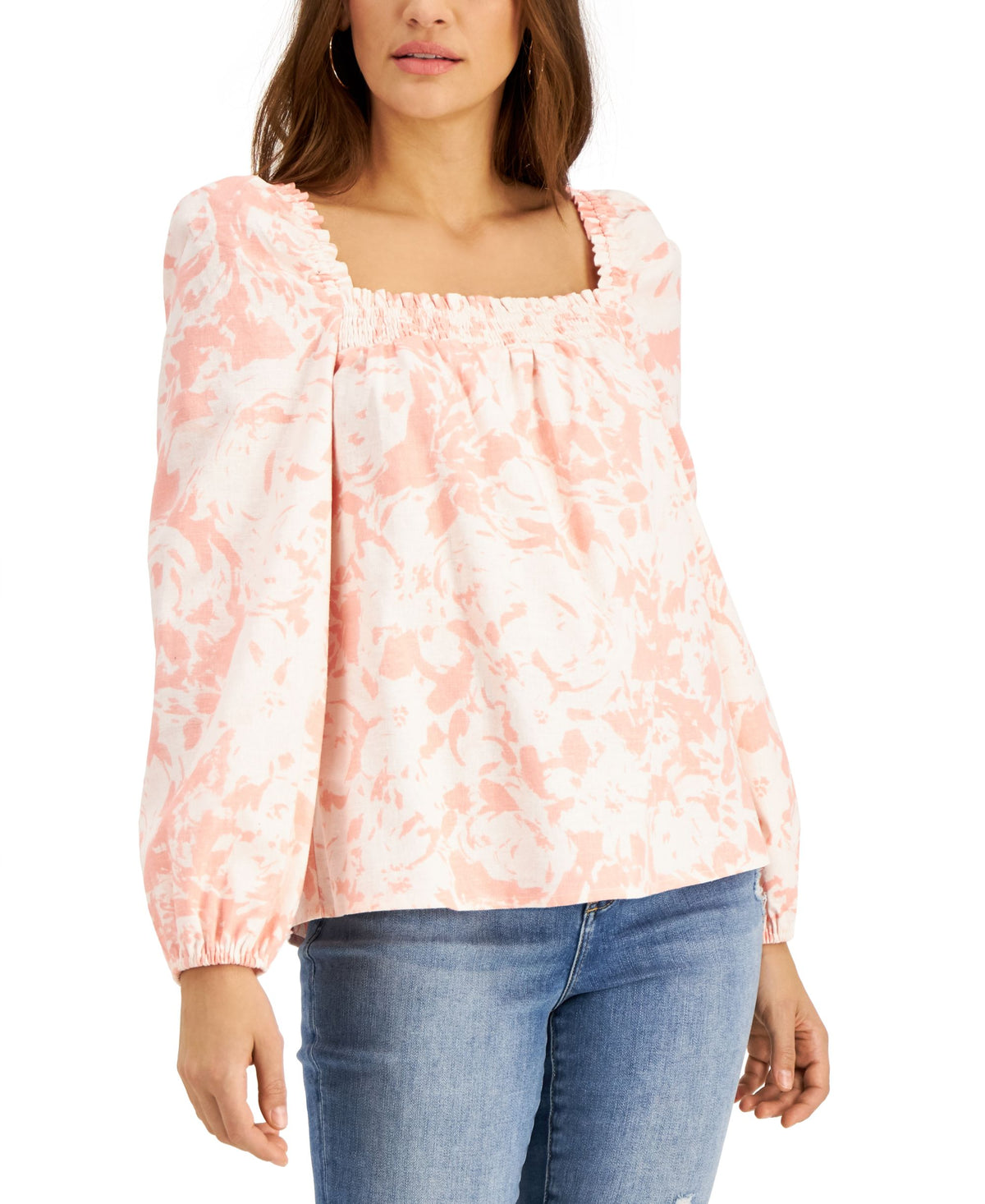 INC International Concepts Printed Smocked Neck Top