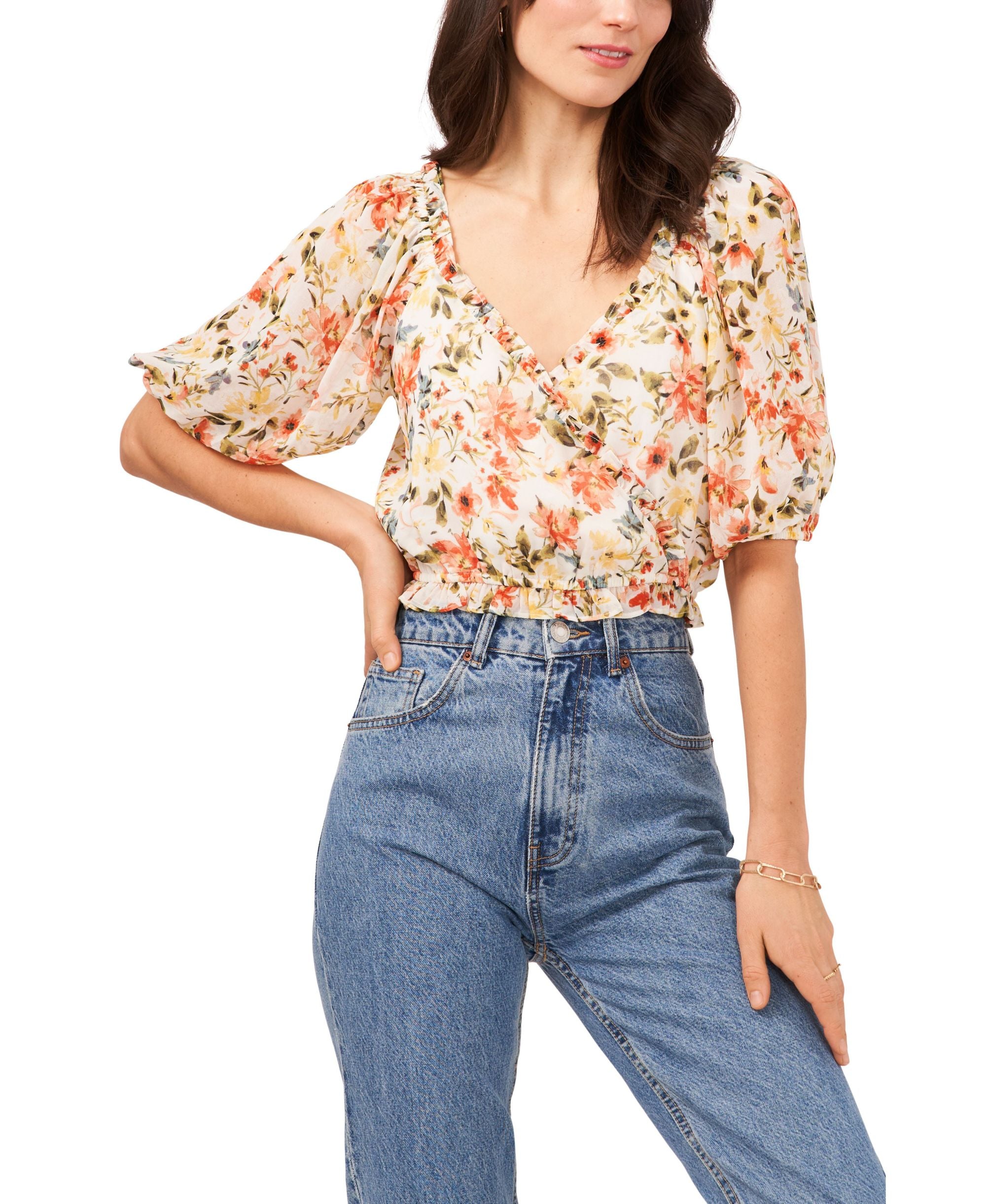 1.State Puff Sleeve Cross Front Cropped Top
