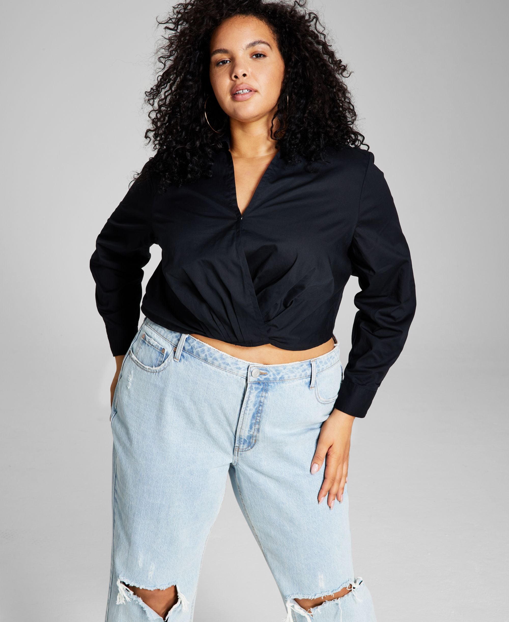 Now This Trendy Plus Size Faux Wrap Poplin Shirt
