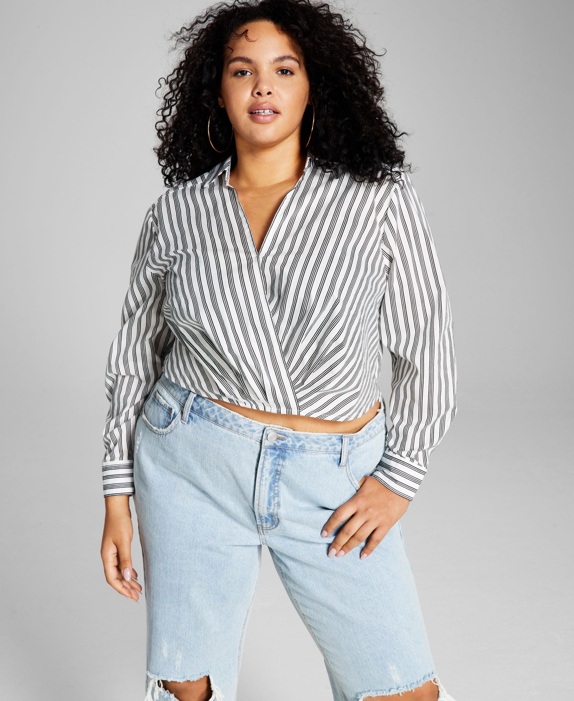 Now This Trendy Plus Size Faux Wrap Poplin Shirt