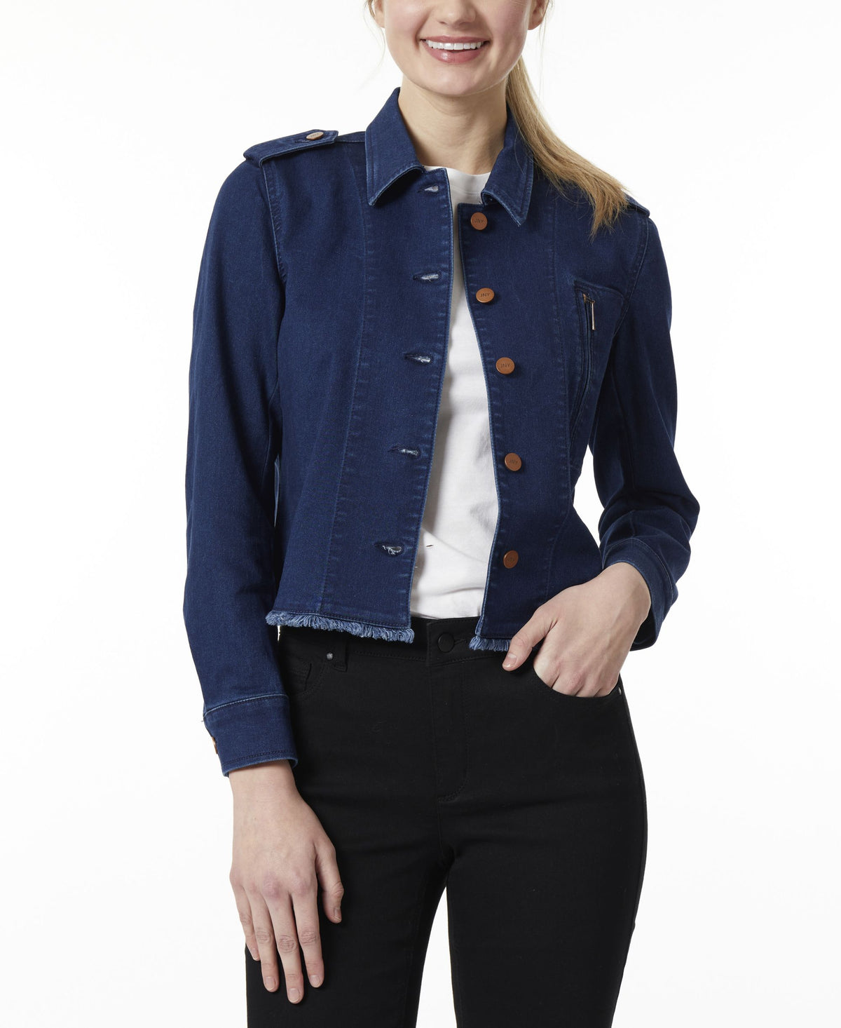 Womens 5 Button Denim Jacket With Fringe Epaulets