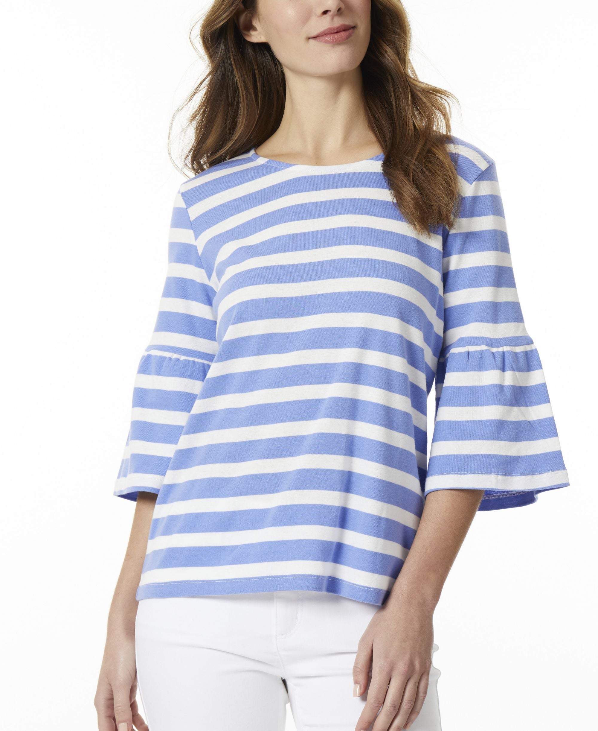 Womens Stripe Cotton Crew Neck Elbow Bell Sleeve Top