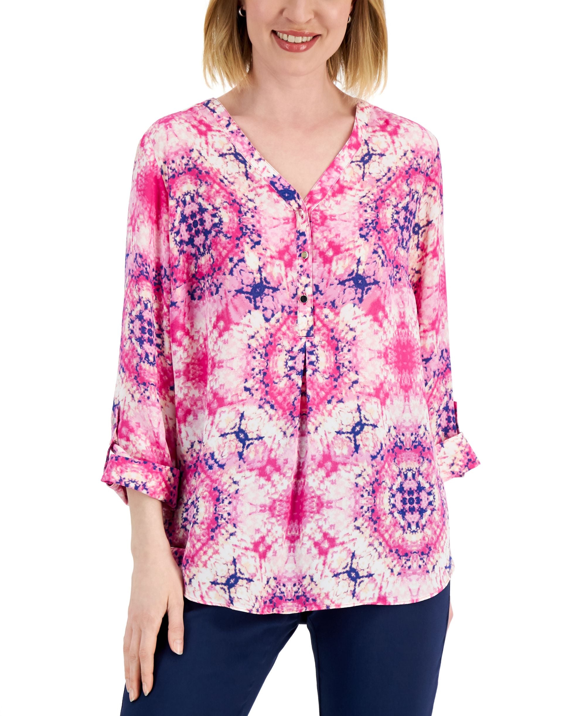 JM Collection Womens Printed Y-Neck Top