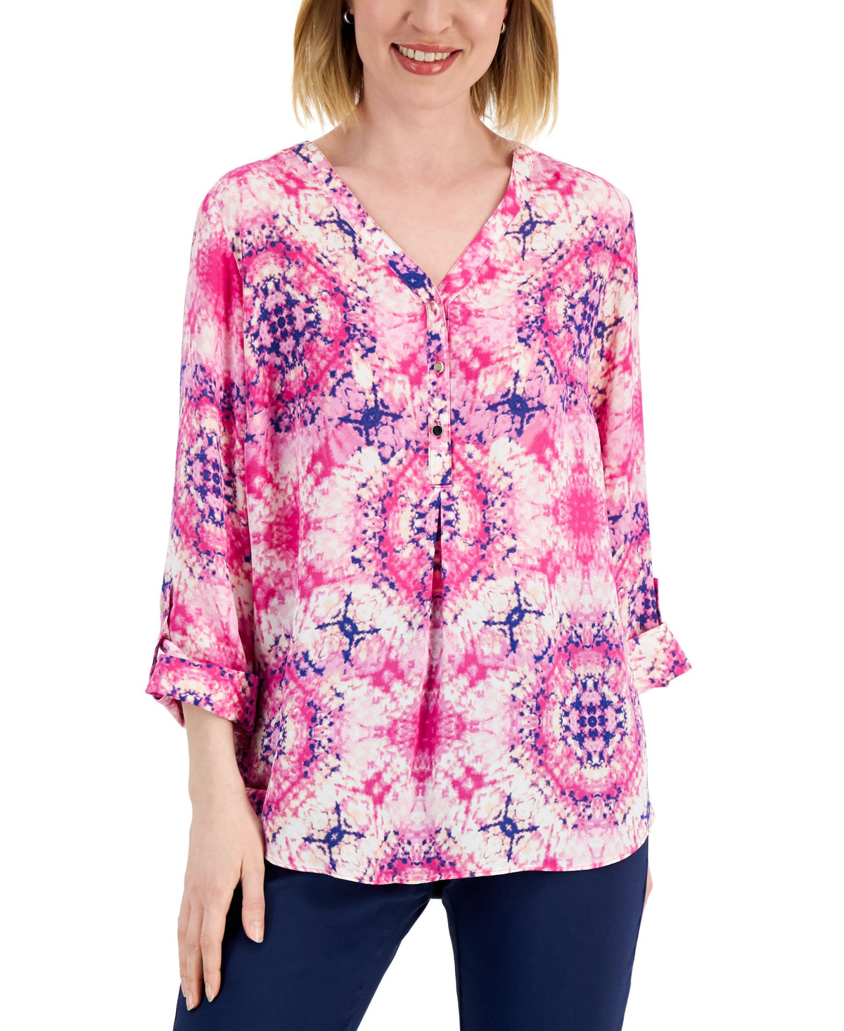 JM Collection Womens Printed Y-Neck Top