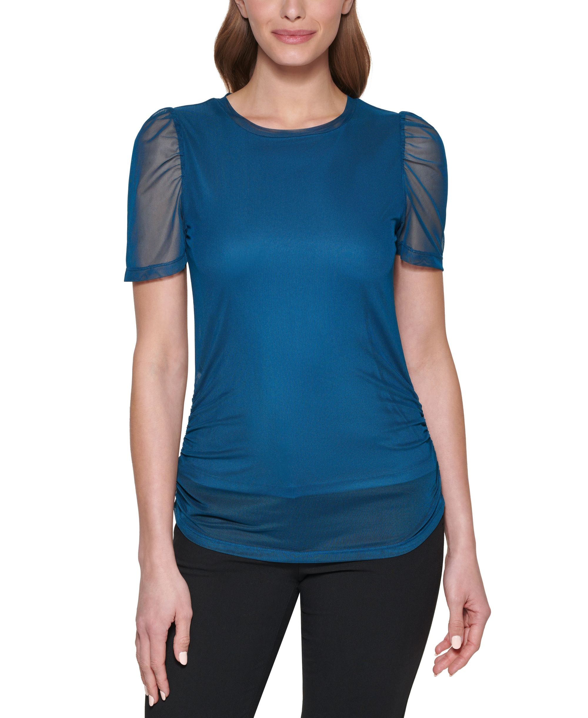 DKNY Petite Ruched Sheer Sleeve Top