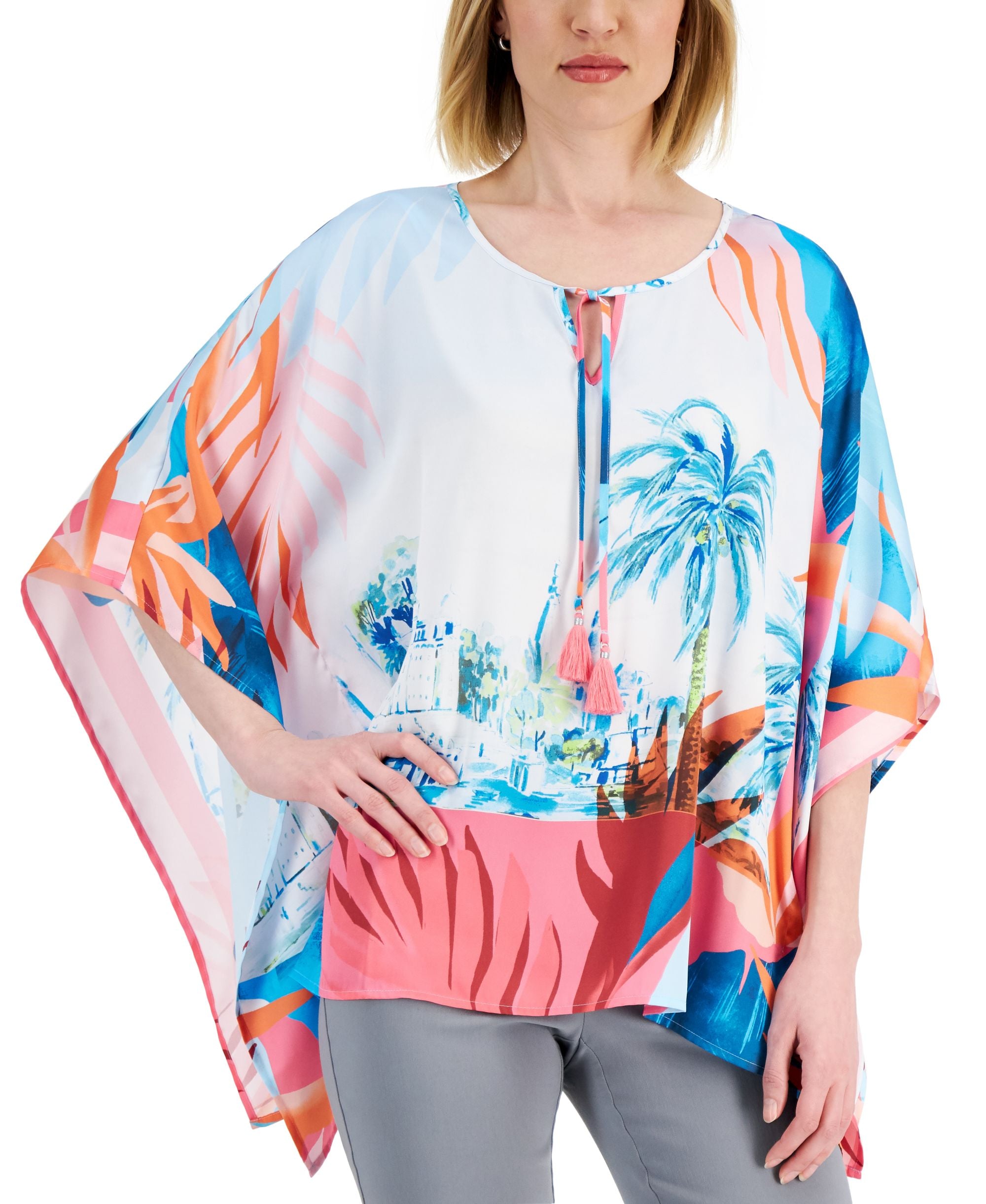 JM Collection Womens Tropical Print Poncho